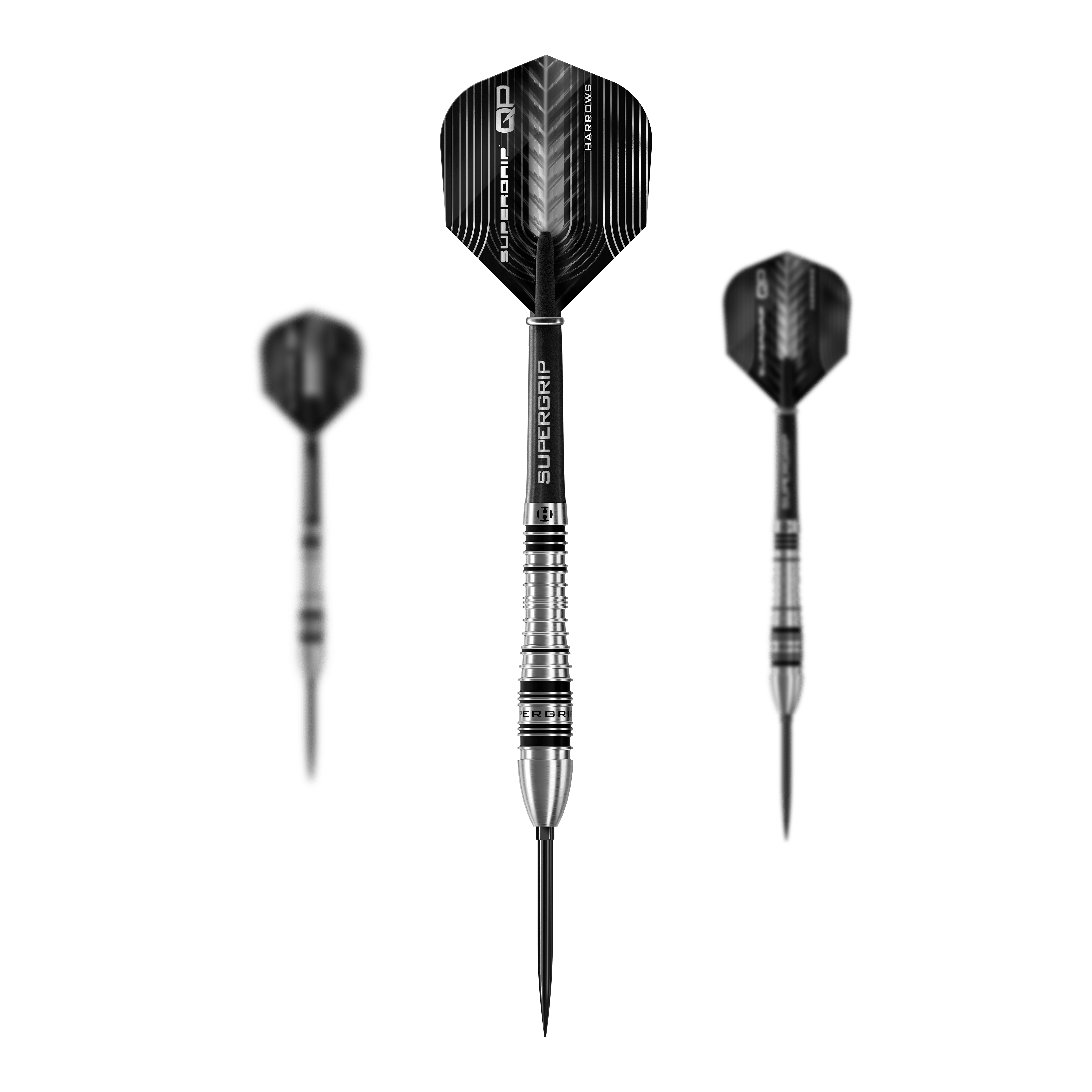 Harrows Supergrip Bomb Quick Point Steel Darts Dieses Bild präsentiert das Set der Harrows Supergrip Bomb Quick Point Steeldarts. Das Set enthält mehrere hochwertige Darts für das Spiel.