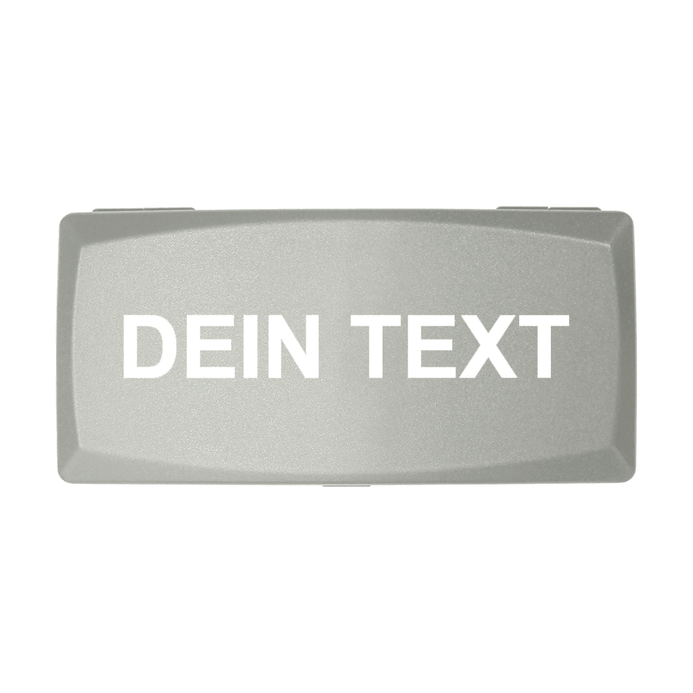 Auf dem Bild ist eine graue Box zu sehen. Auf der Box steht in weißen Buchstaben "DEIN TEXT".