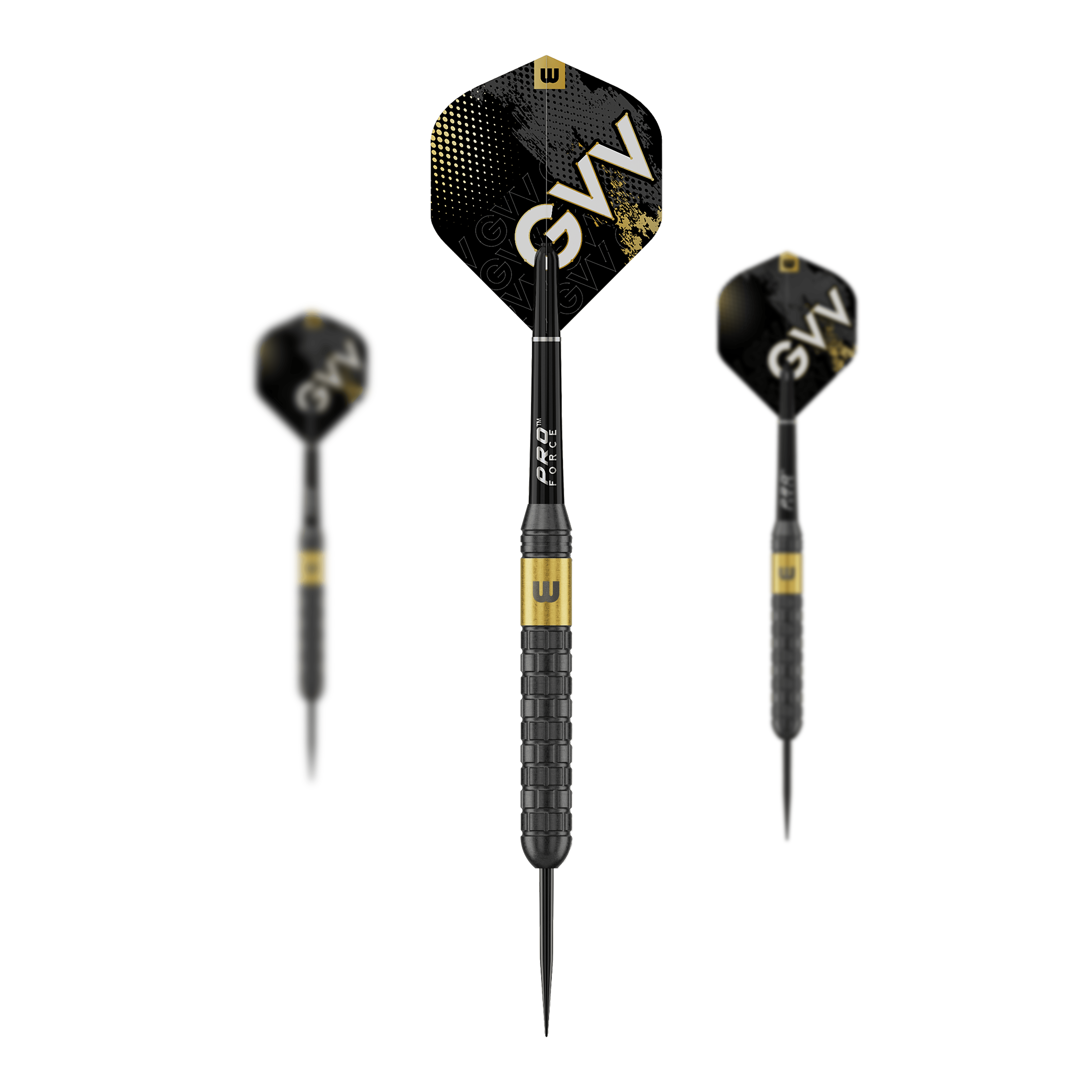 Winmau Gian Van Veen Core Brass Steeldarts - 21g Abgebildet ist ein Set von Winmau Gian Van Veen Core Brass Steeldarts 21g. Die drei Darts sind nebeneinander angeordnet.