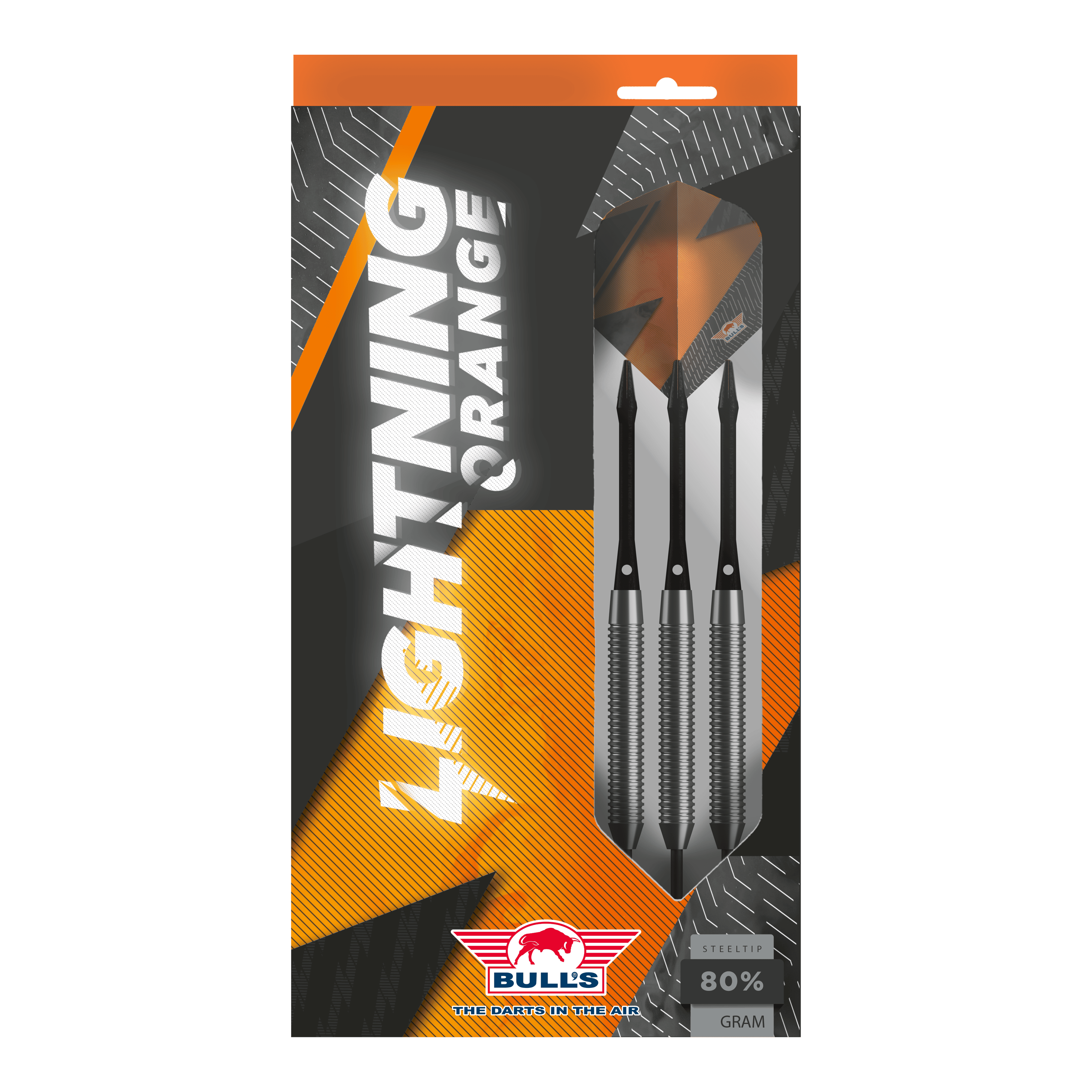Bulls NL Lightning Orange Steel Darts Das Bild zeigt die Verpackung der "Bulls NL Lightning Orange Steeldarts". In der Packung befinden sich drei Steeldarts mit orange-schwarzem Design.