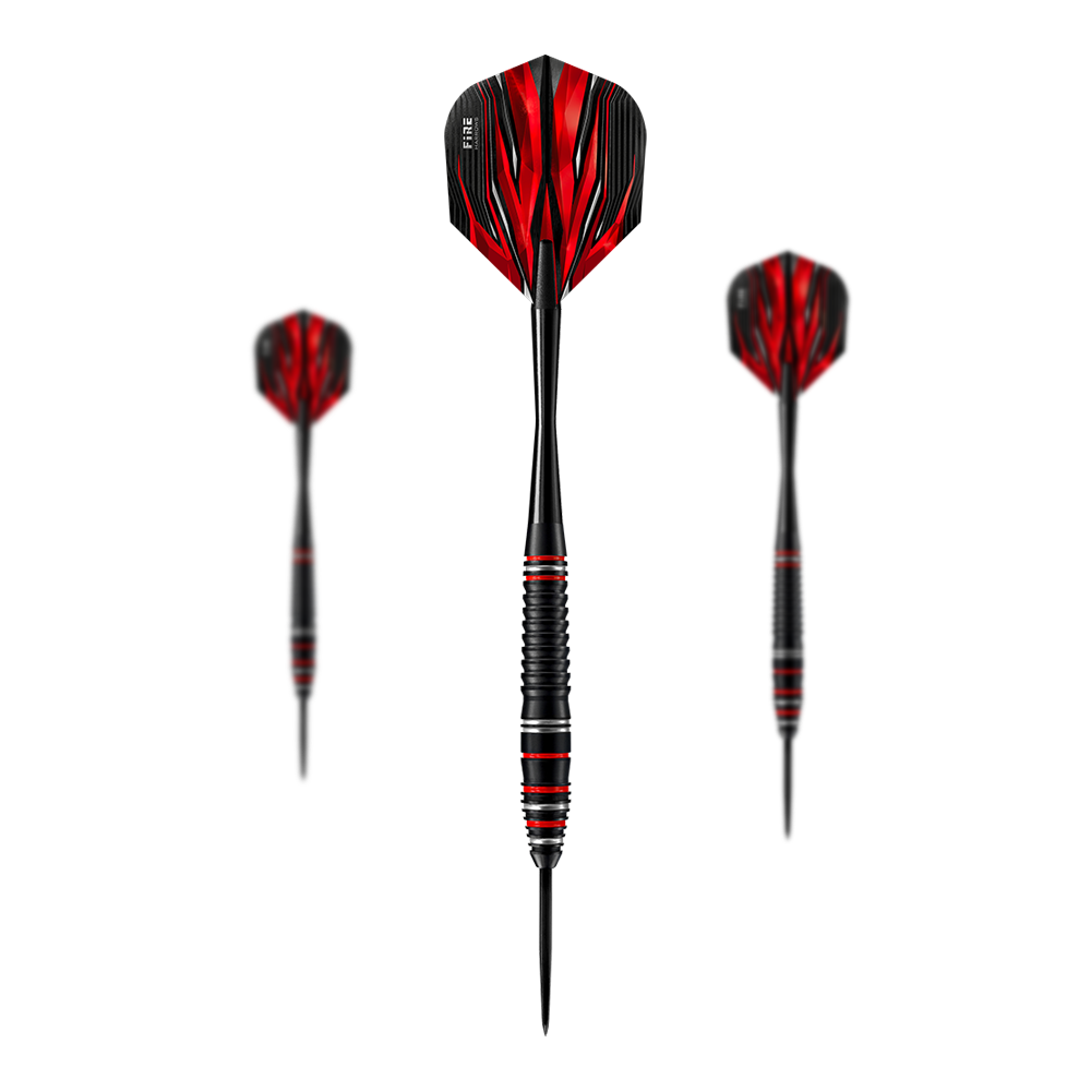 Harrows Fire High Grade Alloy steel darts Auf dem Bild sind die Harrows Fire High Grade Alloy Steeldarts zu sehen. Die Darts haben ein schwarzes Design mit roten Flammen auf den Flights.