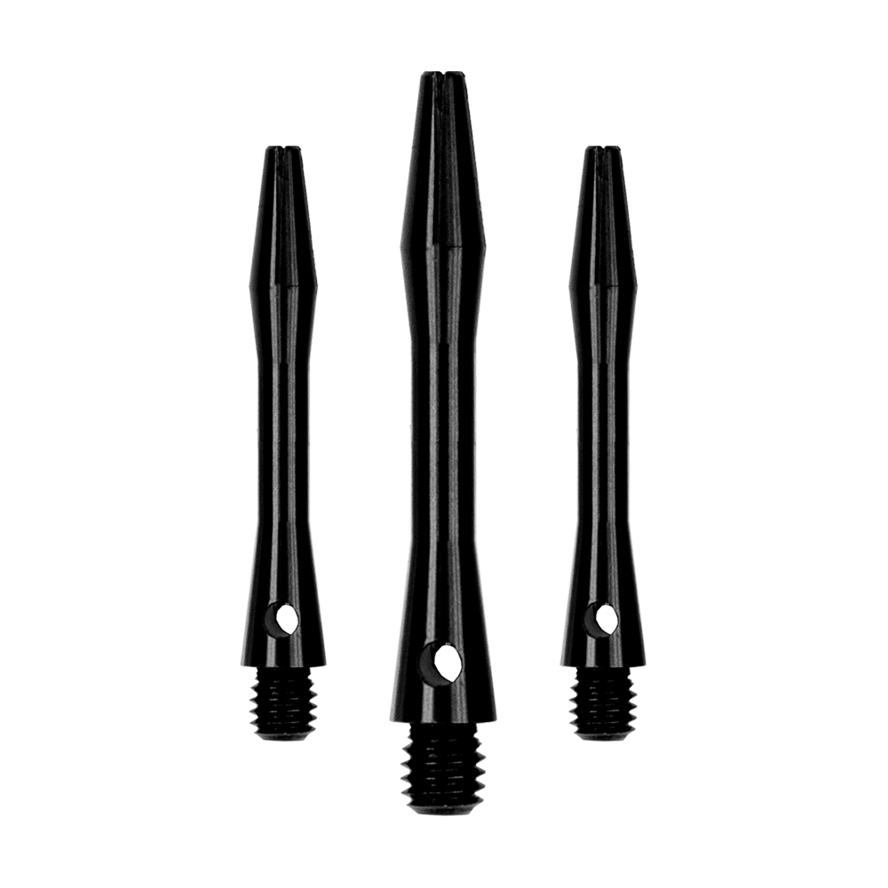 502_Aluminium_Shafts_Schwarz_35mm_1XKTtpXFq41LtL Das Bild zeigt drei schwarze Aluminiumschäfte, die nebeneinander stehen. Sie sind in unterschiedlichen Längen und haben ein glänzendes, glattes Finish.