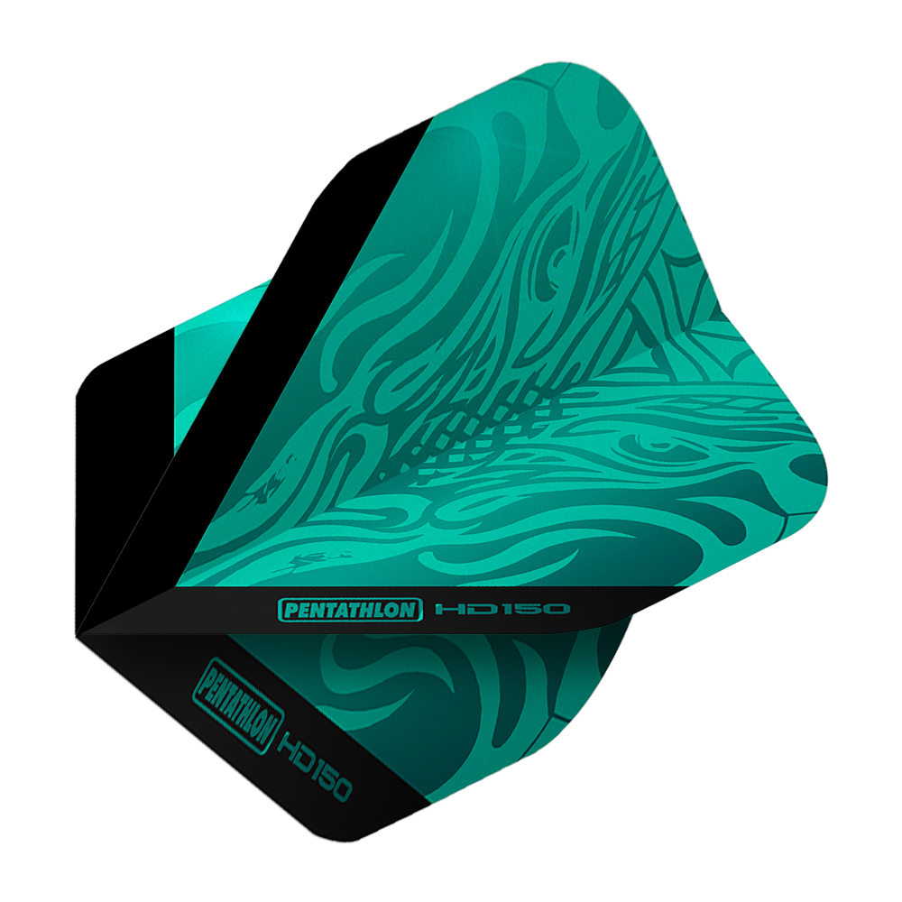 Pentathlon HD150 Metallic Aqua Standard Flights Das Bild zeigt die Pentathlon HD150 Metallic Aqua Standard Flights. Die Flights haben ein auffälliges, aqua-blaues Design mit schwarz abgesetzten Akzenten.