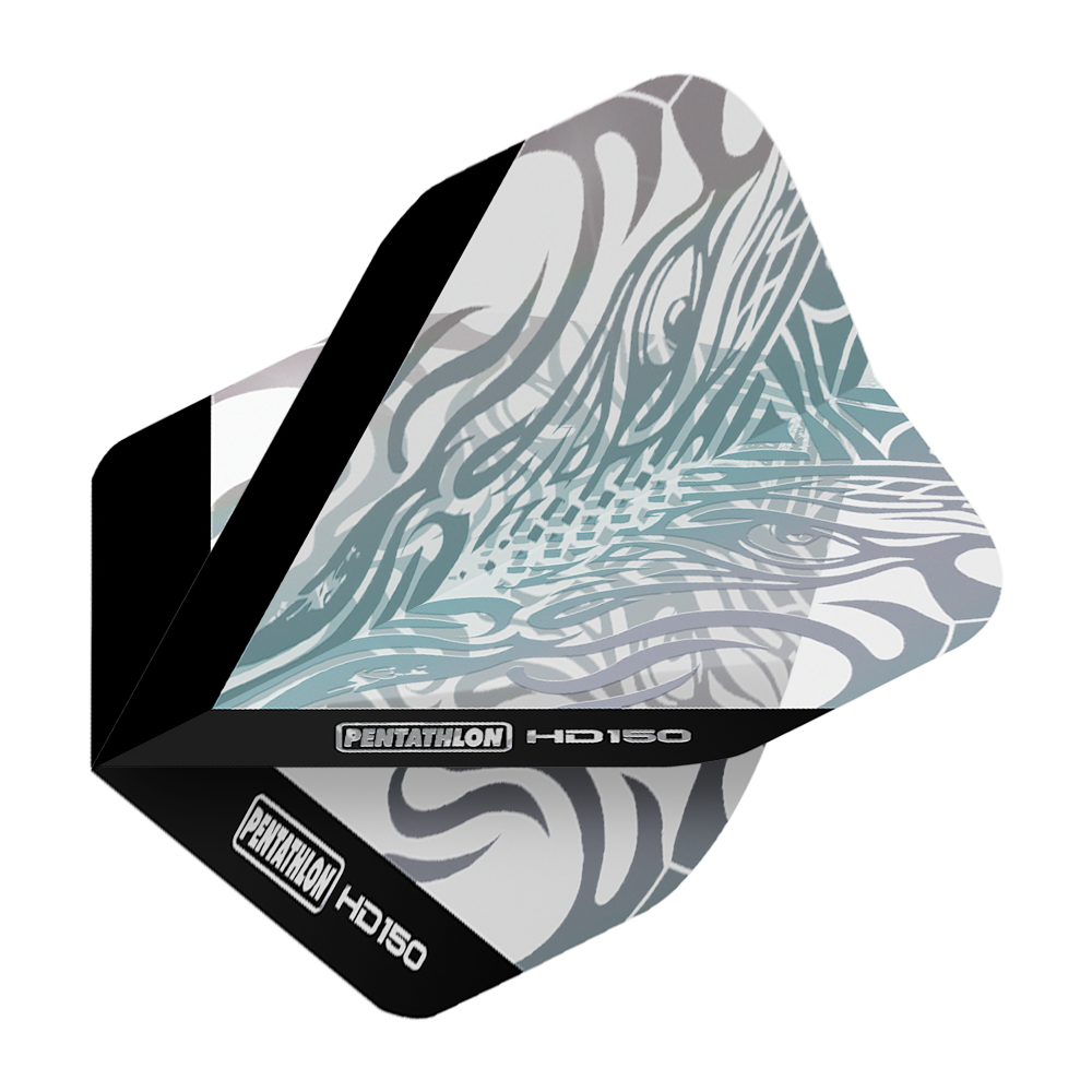 Pentathlon HD150 Metallic Clear Standard Flights Das Bild zeigt das Produkt "Pentathlon HD150 Metallic Clear Standard Flights". Die Dartflight ist größtenteils durchsichtig mit metallisch glänzenden Mustern und schwarzem Rand.