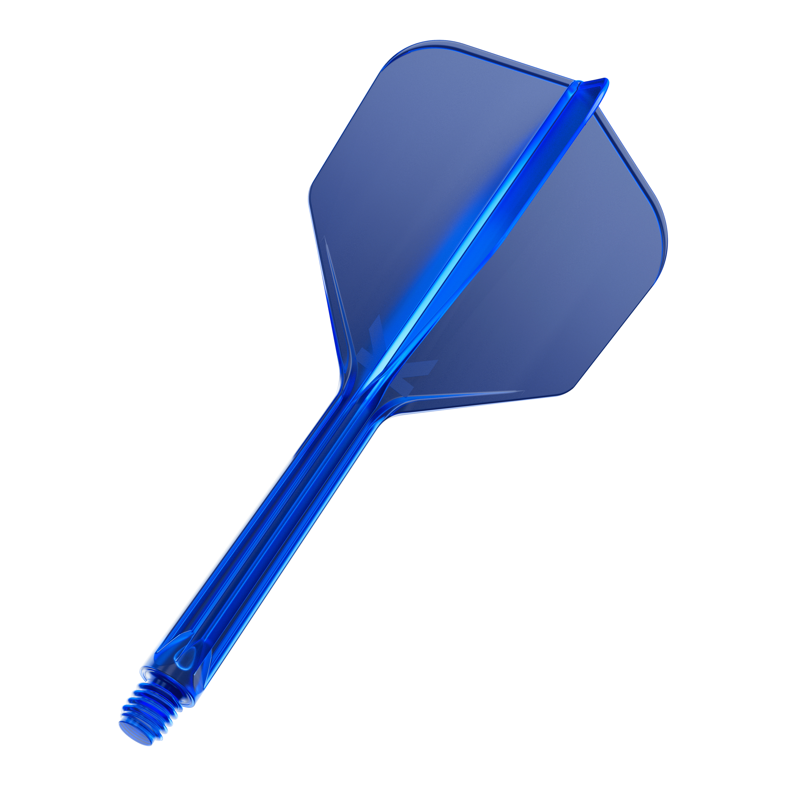 Das Bild zeigt einen blauen Dartflügel mit Schaft. Der Dartflügel ist durchsichtig und hat eine Schraubverbindung am unteren Ende.