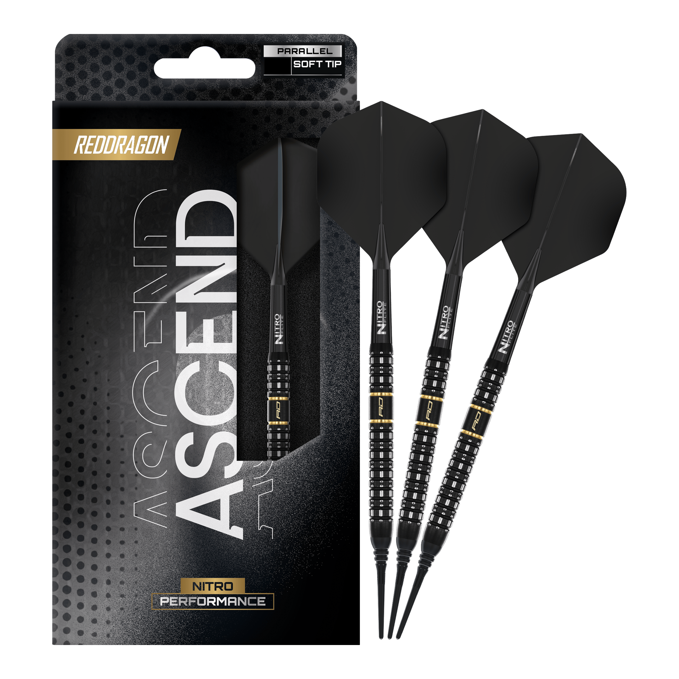 Abgebildet sind Red Dragon Ascend Parallel Softdarts - 20g. Die Darts sind für Präzision beim Spiel konzipiert.