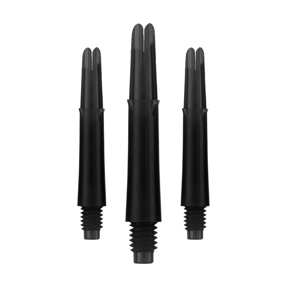 Auf dem Bild sind drei schwarze Dartschäfte in unterschiedlichen Längen zu sehen. Sie sind gerade geformt und haben ein Gewinde am unteren Ende.
