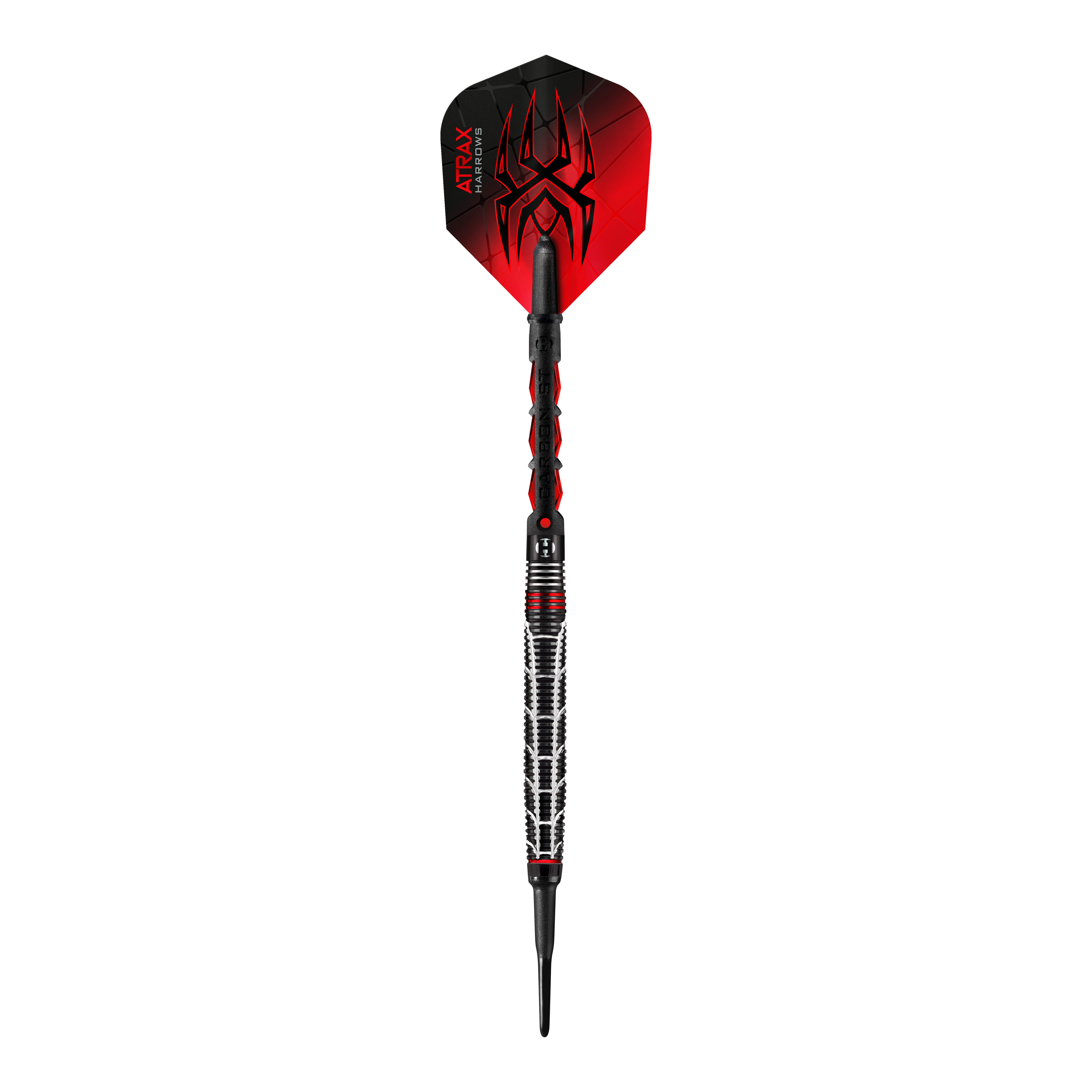 Harrows Atrax Softdarts Dies ist ein Softdartpfeil mit einem modernen, schwarzen und roten Design. Auf der Flights befindet sich ein auffälliges Spinnennetz-Muster.