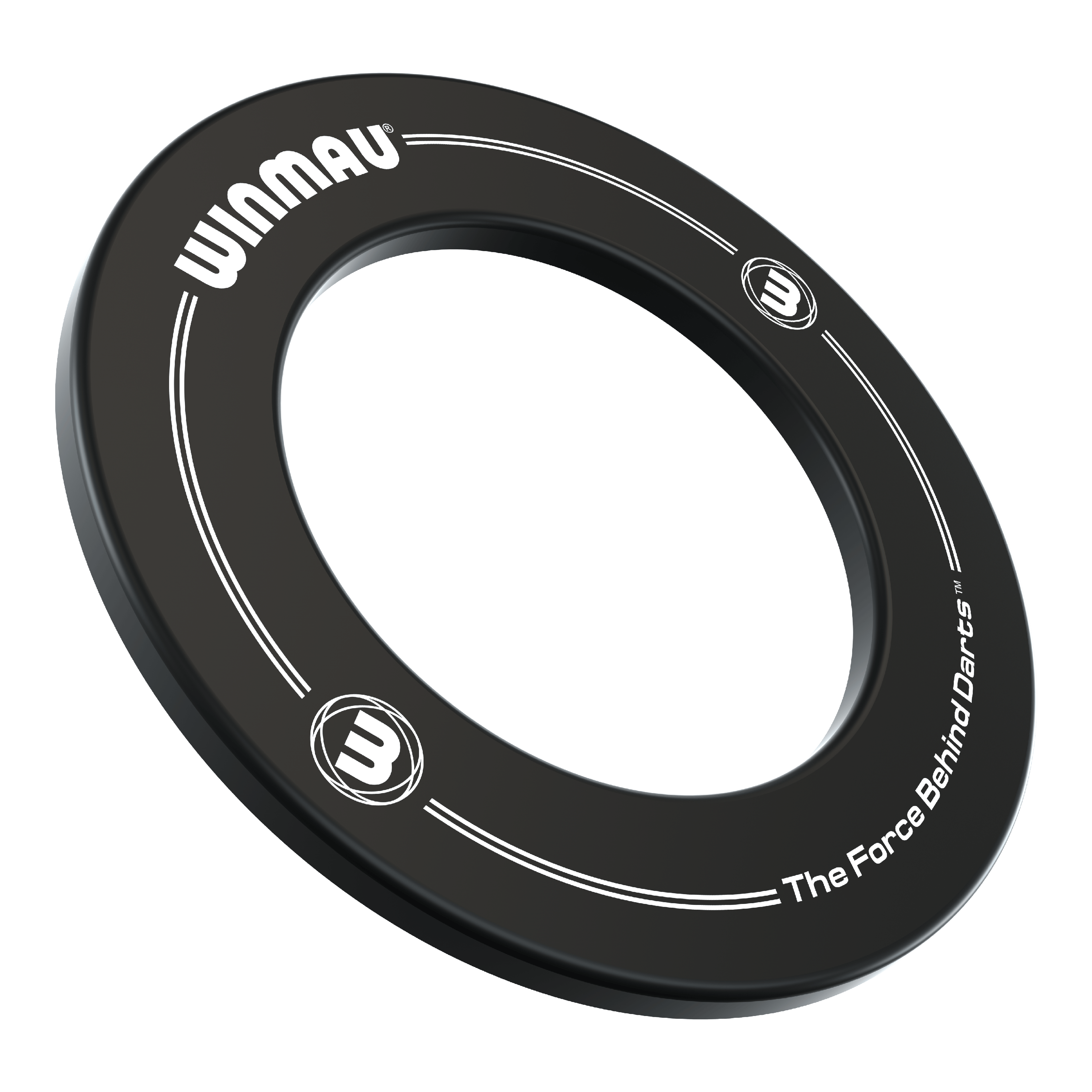 Winmau Dartboard Surround 2022 Das Bild zeigt einen schwarzen Dartboard-Surround-Ring mit der Aufschrift "WINMAU". Am Rand steht außerdem der Slogan "The Force Behind Darts".
