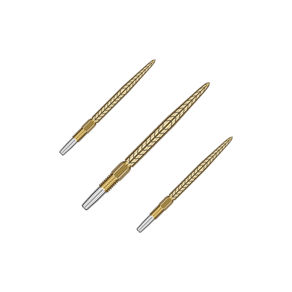 Target Swiss Point RVE dart tips - Gold Auf dem Bild sind drei goldene Dartspitzen mit silbernen Enden zu sehen. Sie sind fein gearbeitet und haben ein geprägtes Muster auf der Oberfläche.