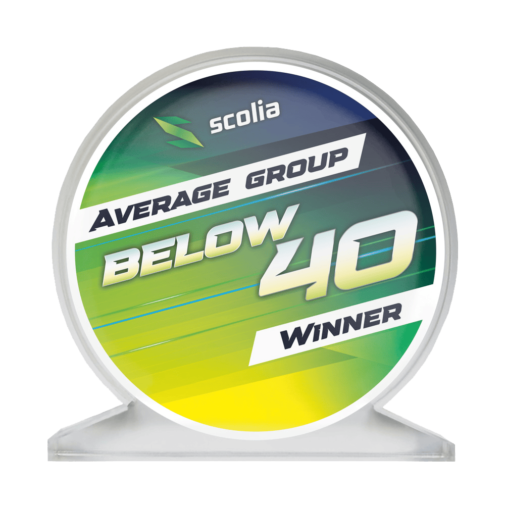 Scolia Acrylic Glass Trophy - Winner Das Bild zeigt einen Acrylglas-Pokal mit der Beschriftung "SCOPO-B40 Scolia". Es handelt sich um eine Auszeichnung für einen Average unter 40.