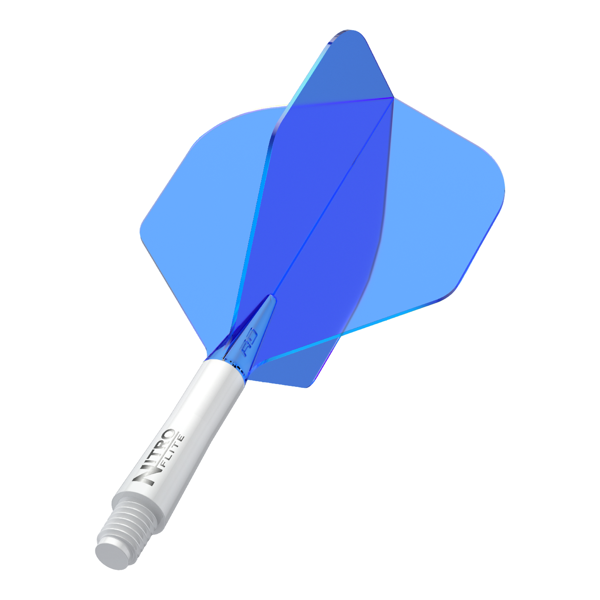 Das Bild zeigt einen blauen Dartflight mit einem weißen Schaft. Auf dem Schaft steht der Schriftzug "NITRO FLITE".