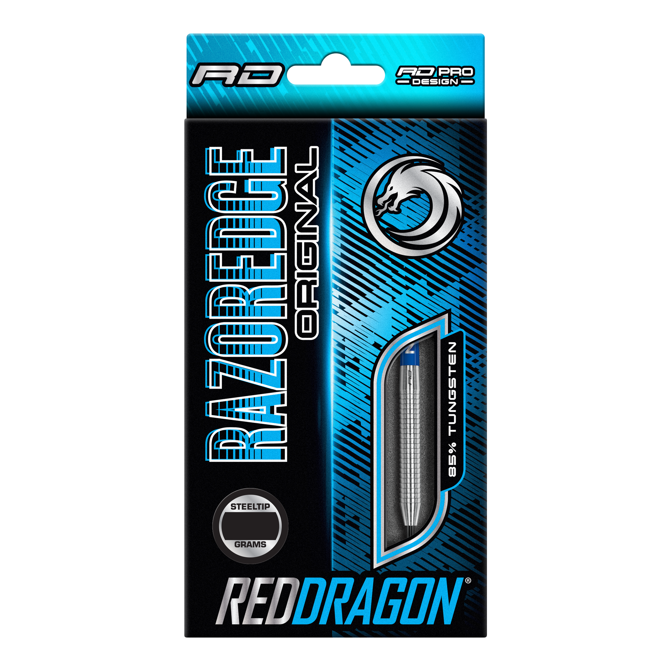 Red Dragon Razor Edge Original Steel Darts Die Verpackung zeigt die "Red Dragon Razor Edge Original Steeldarts" mit einem Gewicht von 24 Gramm. Das Design ist blau-schwarz und hebt hervor, dass die Darts aus 95 % Tungsten bestehen.