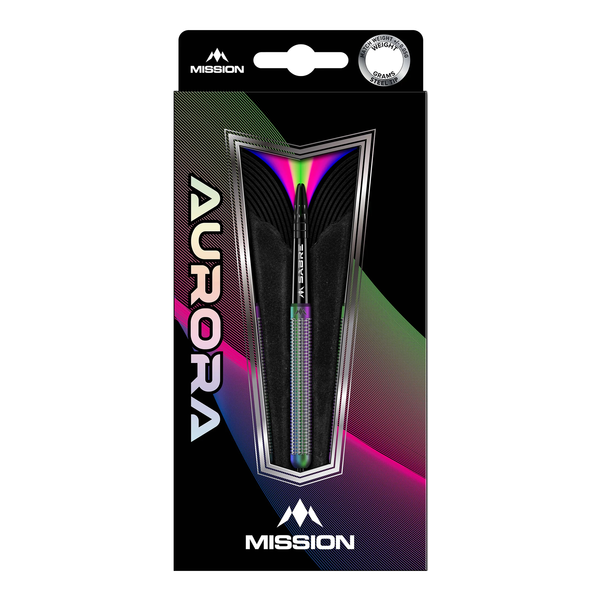Mission Aurora Coral PVD steel darts - 23g Die Abbildung zeigt die Mission Aurora Coral PVD Steeldarts mit einem Gewicht von 23g in ihrer Verpackung. Das Design der Verpackung ist modern und farbenfroh, mit auffälligen Regenbogen-Effekten.