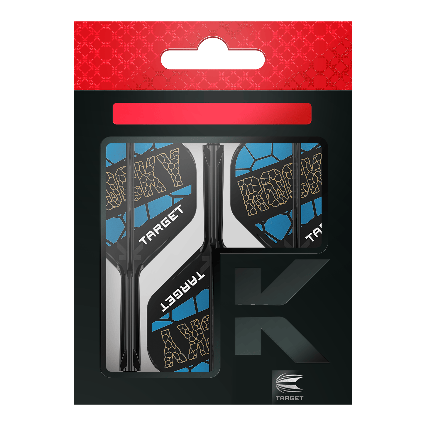Target K-Flex Josh Rock No2 Standard Flight Shaft System Das Bild zeigt das Produkt "Target K-Flex Josh Rock No2 Standard Flight-Shaft-System" in seiner Verpackung. Die Flights sind schwarz, blau und weiß gestaltet und tragen den Schriftzug "ROCKY" sowie "TARGET".