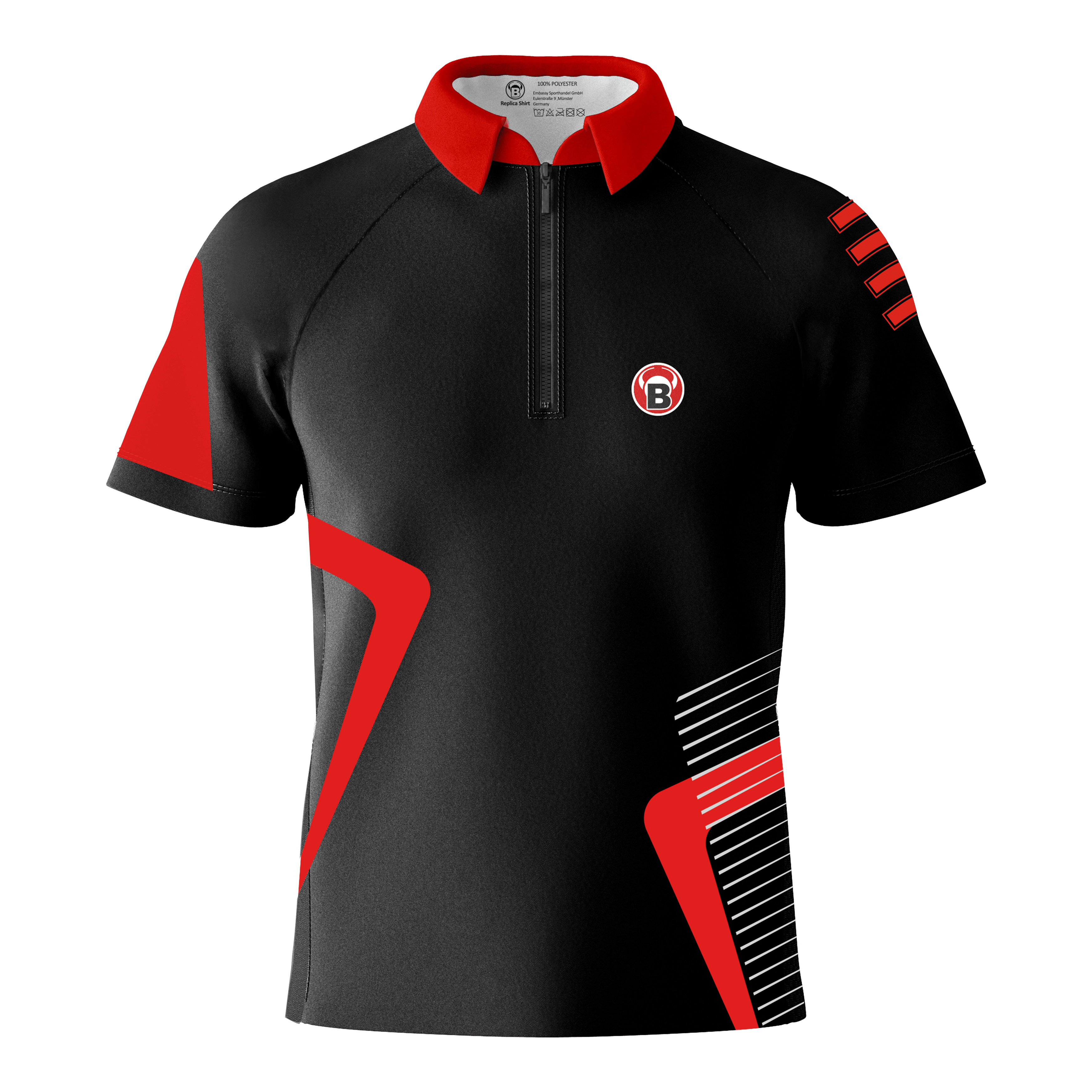 Das Bild zeigt ein schwarzes Dartshirt mit roten und weißen Akzenten. Auf der linken Brust befindet sich ein rundes Logo mit einem "B".