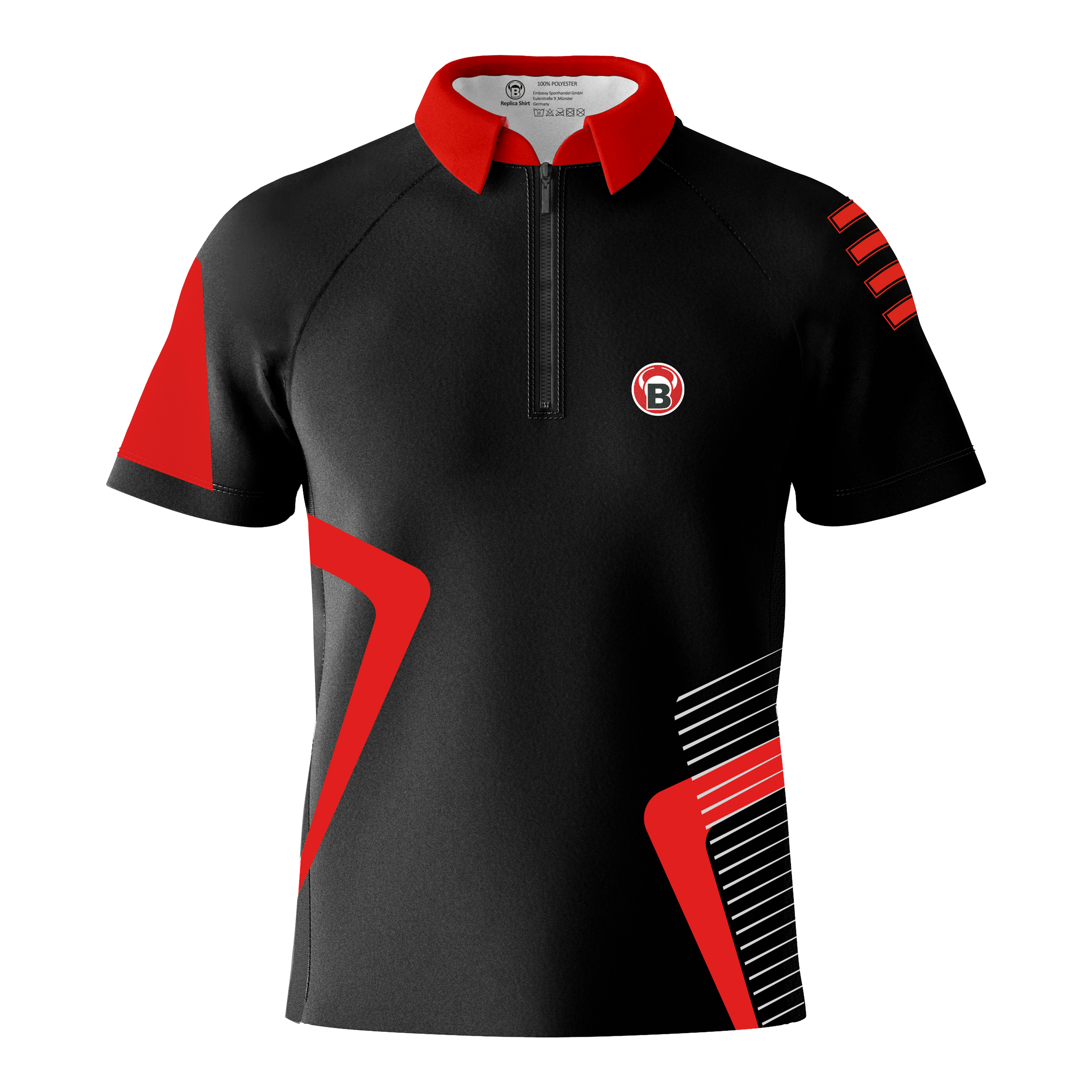 Bulls Team Dart Shirt - Red Das Bild zeigt ein schwarzes Dartshirt mit roten und weißen Akzenten. Auf der linken Brust befindet sich ein rundes Logo mit einem "B".