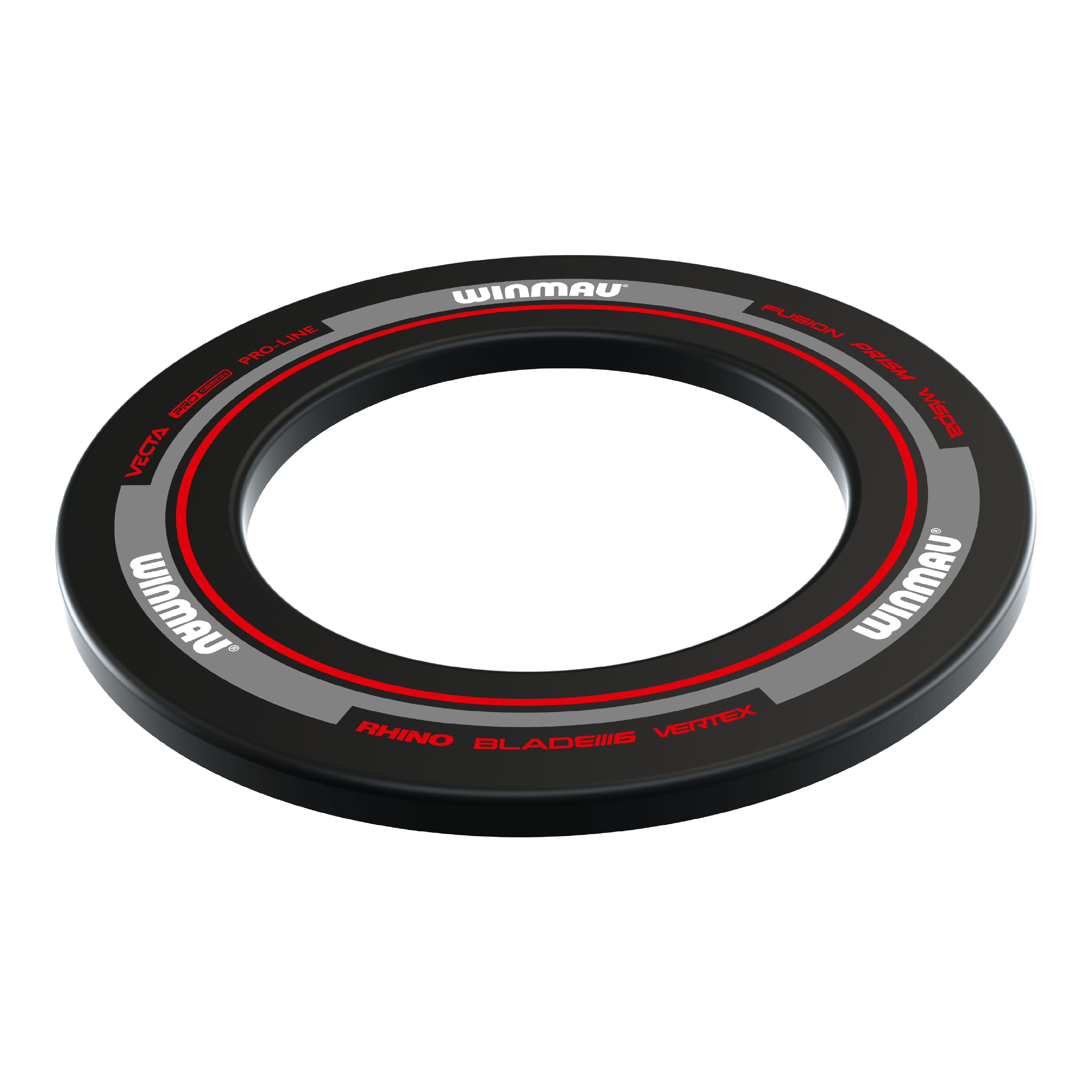 Winmau Advance Dartboard Surround - Black Red Dieses Bild zeigt das Winmau Advance Dartboard Surround in Schwarz-Rot. Der runde Schutzring hat ein modernes Design mit roten und grauen Akzenten sowie dem Winmau-Logo.