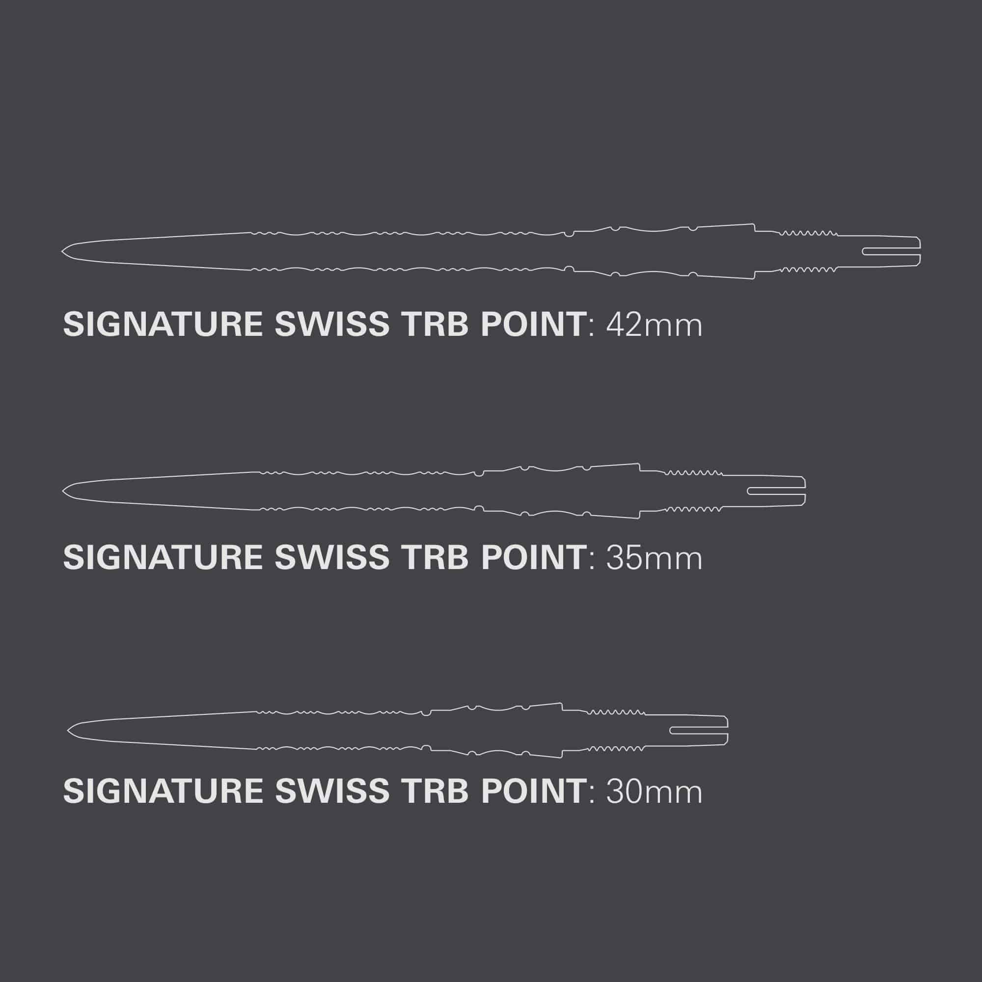 Target Signature Swiss Point TRB steel dart tips - silver Das Foto zeigt die Target Signature Swiss Point TRB Steeldartspitzen in der Farbe Silber. Sie sind ideal für den professionellen Einsatz im Dartsport.
