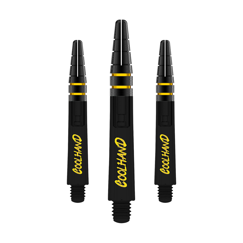 Red Dragon Nitrotech Luke Humphries Coolhand Shafts - Black Auf dem Bild sind drei schwarze Dartschäfte mit gelber Aufschrift "COOLHAND" zu sehen. Die Schäfte haben goldene Akzente und sind 36 mm lang.