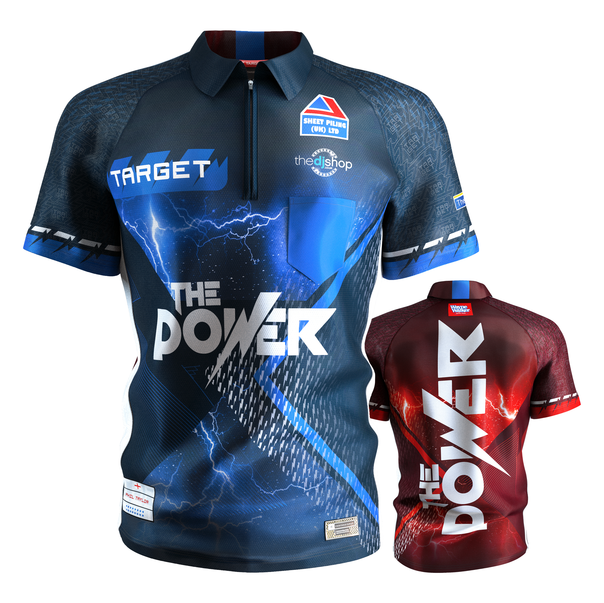 Target Coolplay Phil Taylor 2025 dart shirt Das Bild zeigt zwei Dartshirts mit dem Aufdruck "THE POWER" von Target Coolplay Phil Taylor 2025. Eines der Shirts ist hauptsächlich blau, das andere rot, beide mit auffälligen Blitzdesigns.