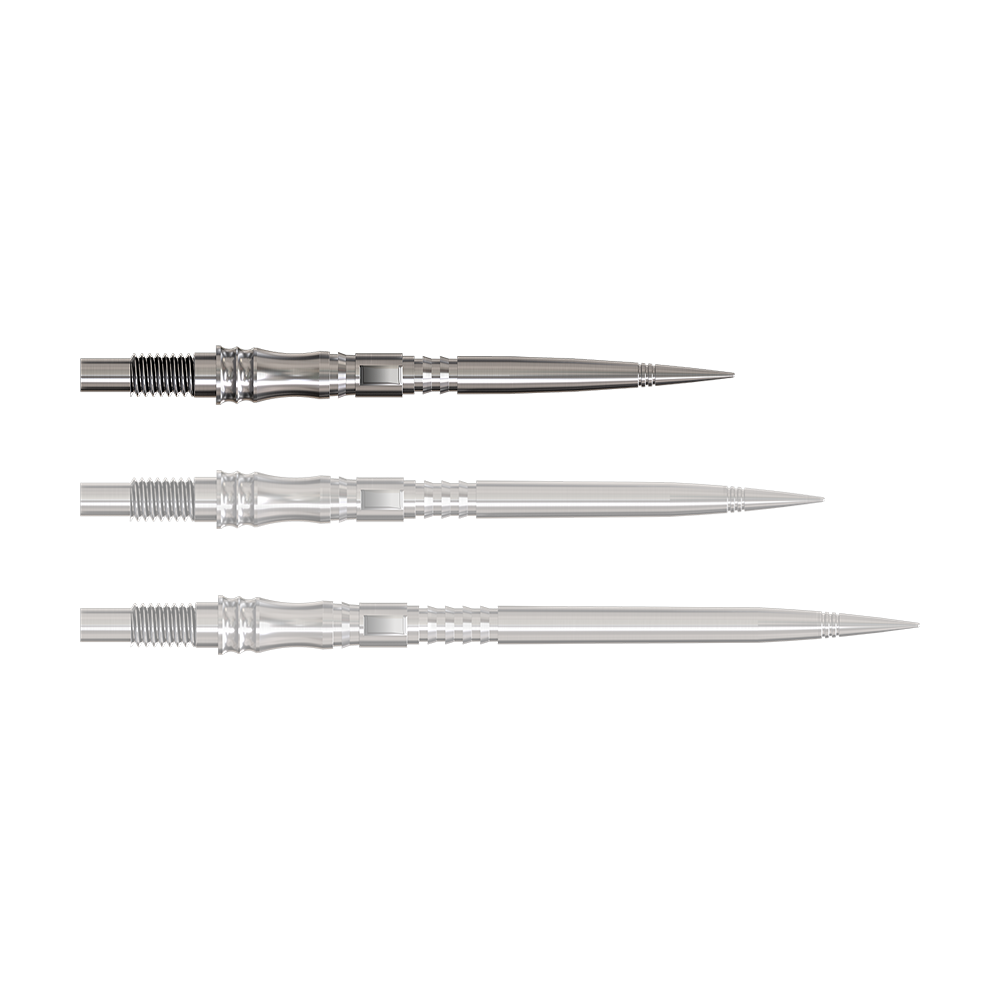 Abgebildet ist eine silberne Dartspitze der Elite Series. Das Produkt liegt auf hellem Hintergrund.