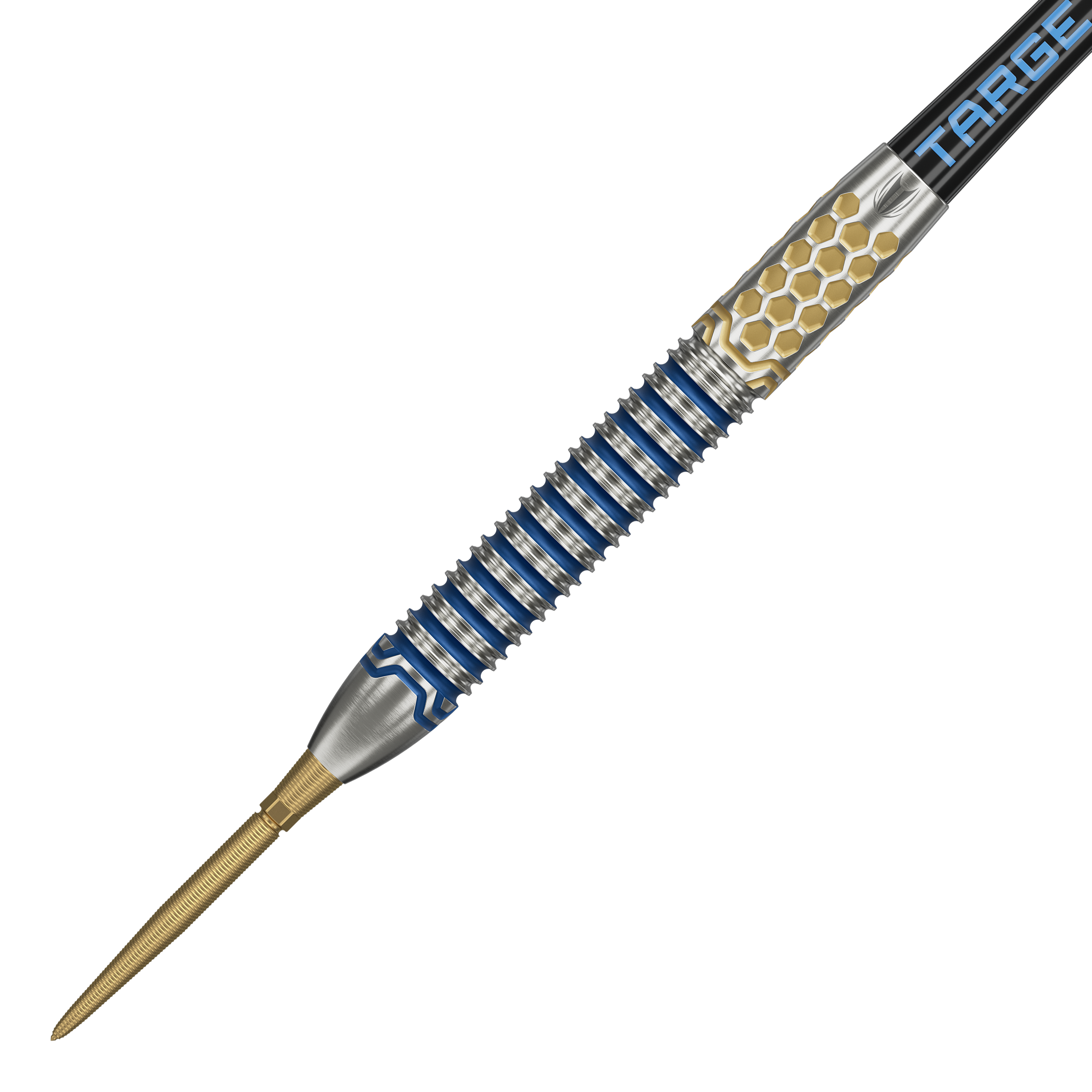 Target Josh Rock GEN1 Swiss Point Steel Darts Das Bild zeigt einen Target Josh Rock GEN1 Swiss Point Steeldart. Der Dartpfeil hat ein silbernes und blaues Design mit goldenen Akzenten und auffälliger Griffstruktur.
