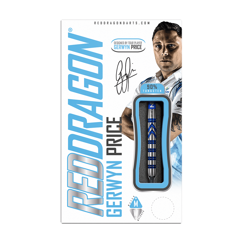 RD1922-Red-Dragon-Gerwyn-Price-Iceman-Softdarts-3 Das Bild zeigt die Verpackung der "Red Dragon Gerwyn Price Iceman Softdarts". Auf der Verpackung ist ein Dartpfeil sowie das Bild eines Spielers abgebildet.