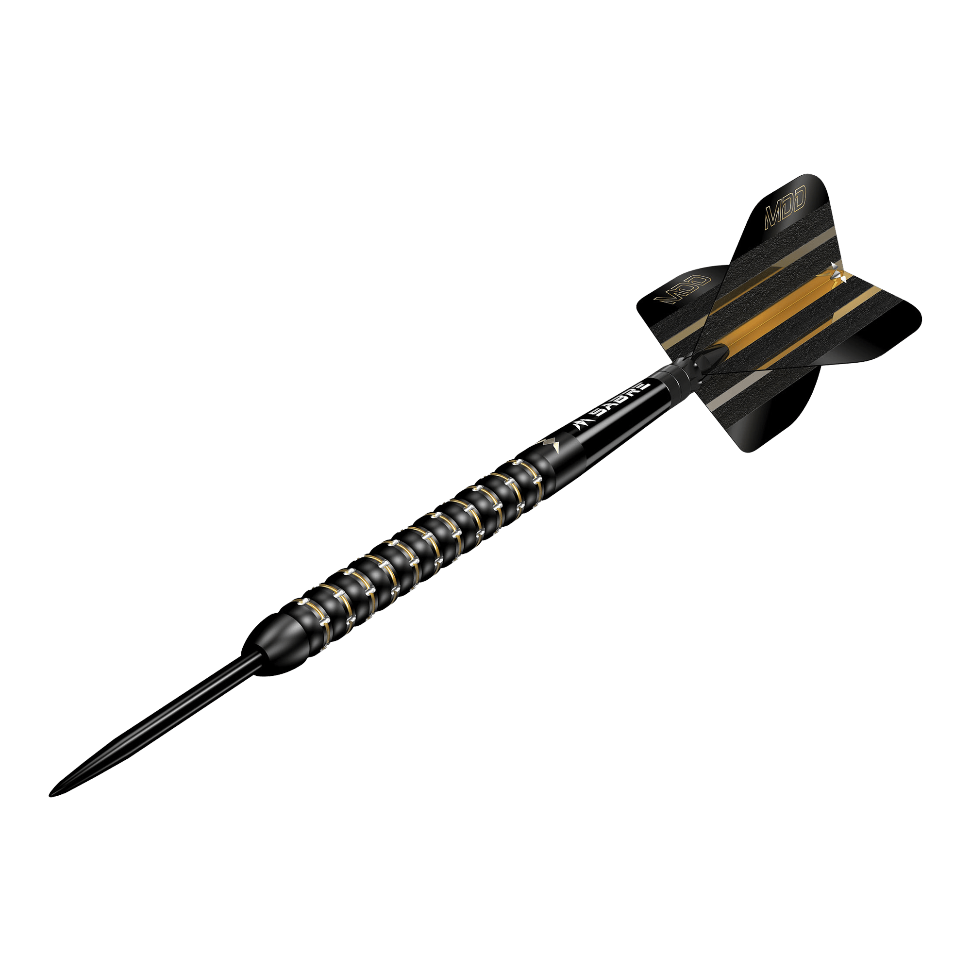 Mission Mike De Decker MDD Black Gold Steeldarts Dies ist ein Steeldartpfeil des Modells "Mission Mike De Decker MDD Black Gold". Der Pfeil ist schwarz mit goldenen Akzenten und hat eine strukturierte Griffzone.