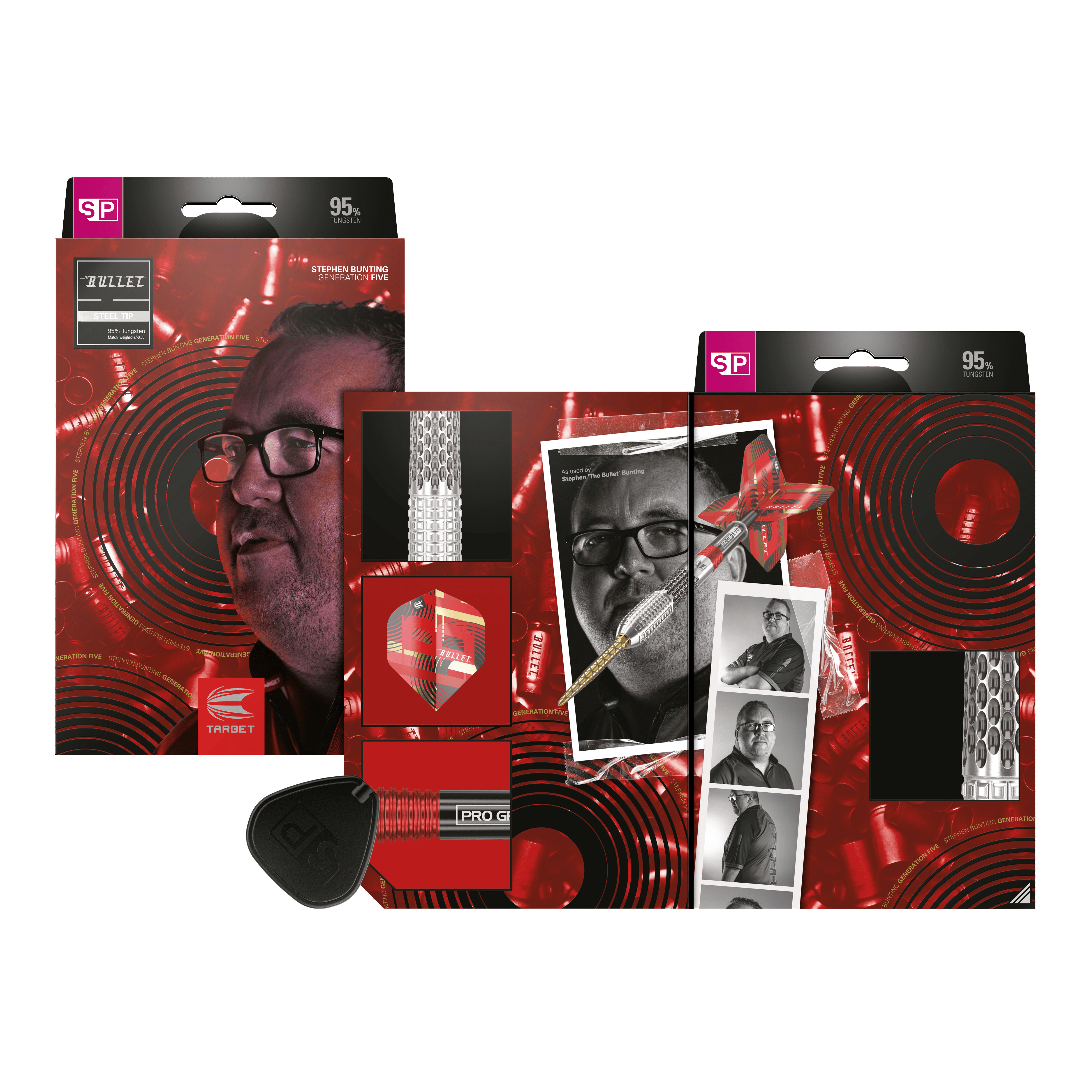 Target Stephen Bunting GEN5 Swiss Point Steel Darts Die Abbildung zeigt die Verpackung und den Inhalt der Target Stephen Bunting GEN5 Swiss Point Steeldarts. Auf der Verpackung ist ein Porträt von Stephen Bunting sowie mehrere Produktbilder und Details der Darts zu sehen.