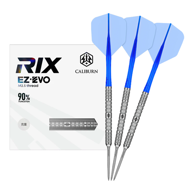 Caliburn Rix EZ-EVO R1 steel darts Das Bild zeigt das vollständige Set der Caliburn Rix EZ-EVO R1 Steeldarts. Es handelt sich um professionelle Steeldarts für ambitionierte Spieler.