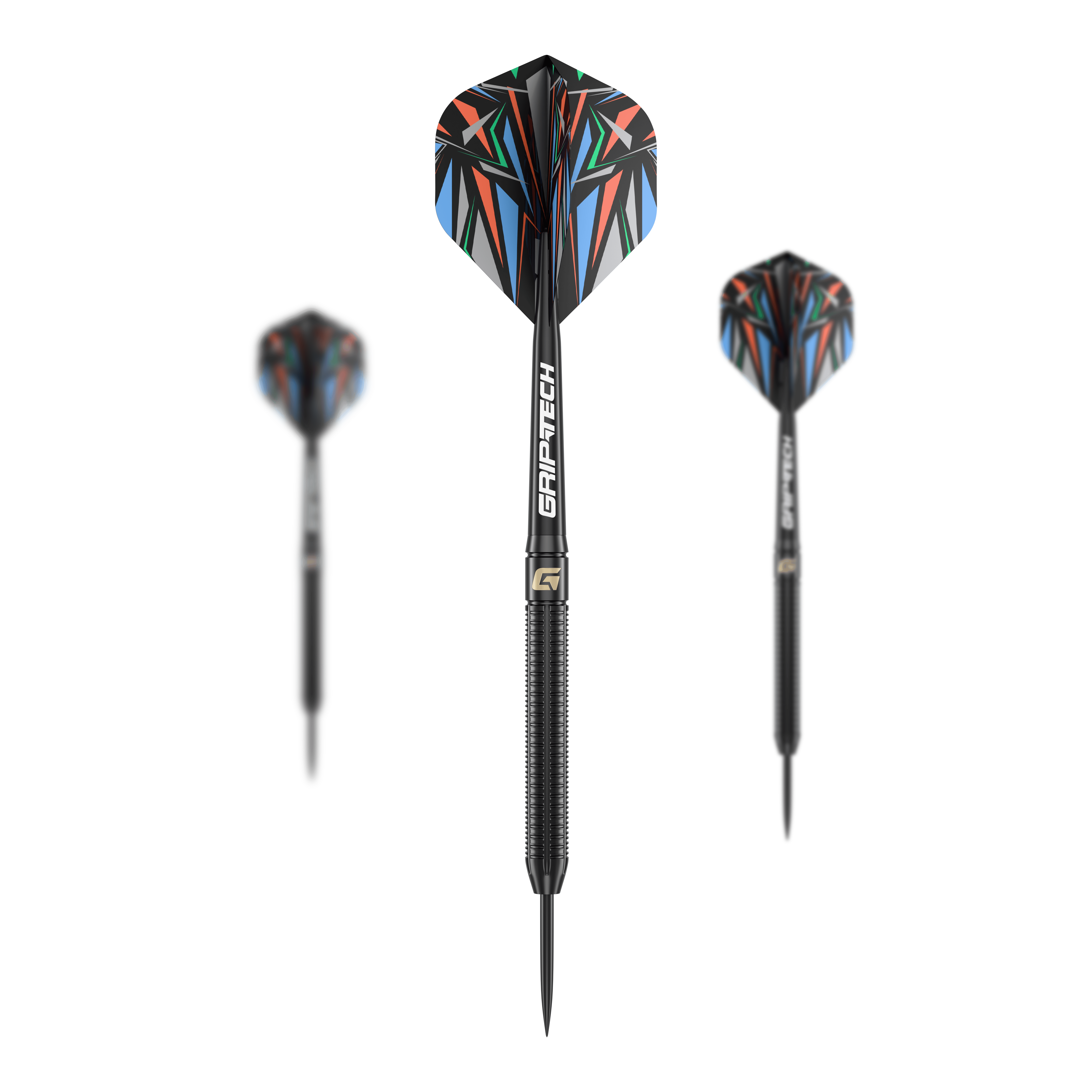 GOAT Athlete Black Brass Steeldarts - 13g Das Bild zeigt drei schwarze Steeldarts mit farbenfrohen Flights und der Aufschrift "GRIP-TECH". Es handelt sich um das Produkt "GOAT Athlete Black Brass Steeldarts - 13g".