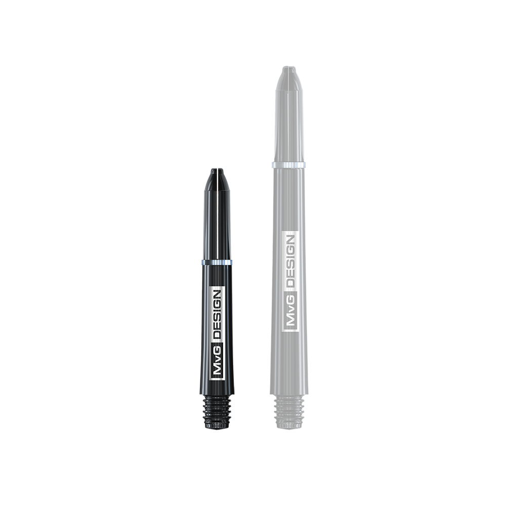 7100_Winmau_MvG_Signature_Black_Nylon_Shafts_35mm_1 Das Bild zeigt zwei schwarze Winmau Nylon Ring Grip MvG Design Shafts in unterschiedlicher Länge. Auf beiden Shafts steht gut sichtbar das Logo "MvG DESIGN".