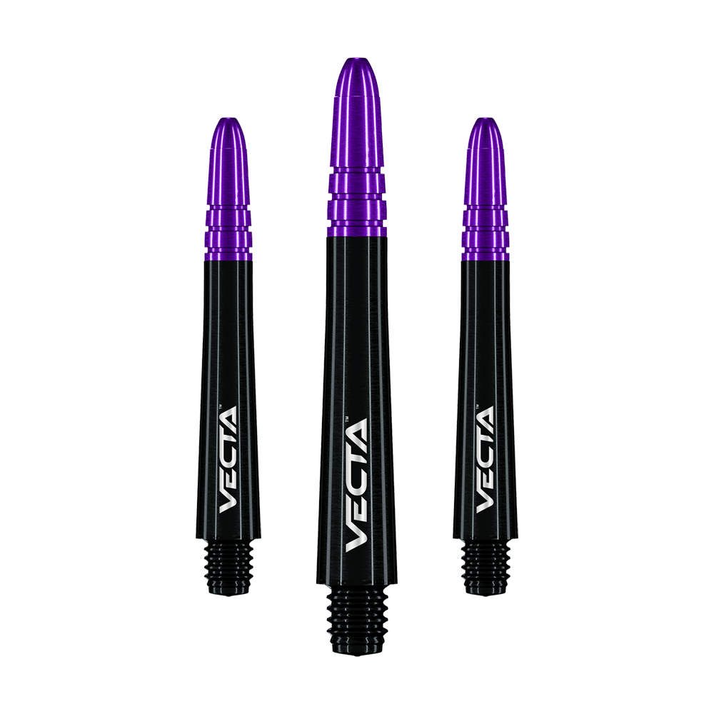 Winmau Vecta Shafts - Schwarz Lila Das Bild zeigt drei Dartschäfte in Schwarz und Lila mit der Aufschrift "VECTA". Sie sind nebeneinander angeordnet und haben ein modernes, glänzendes Design.