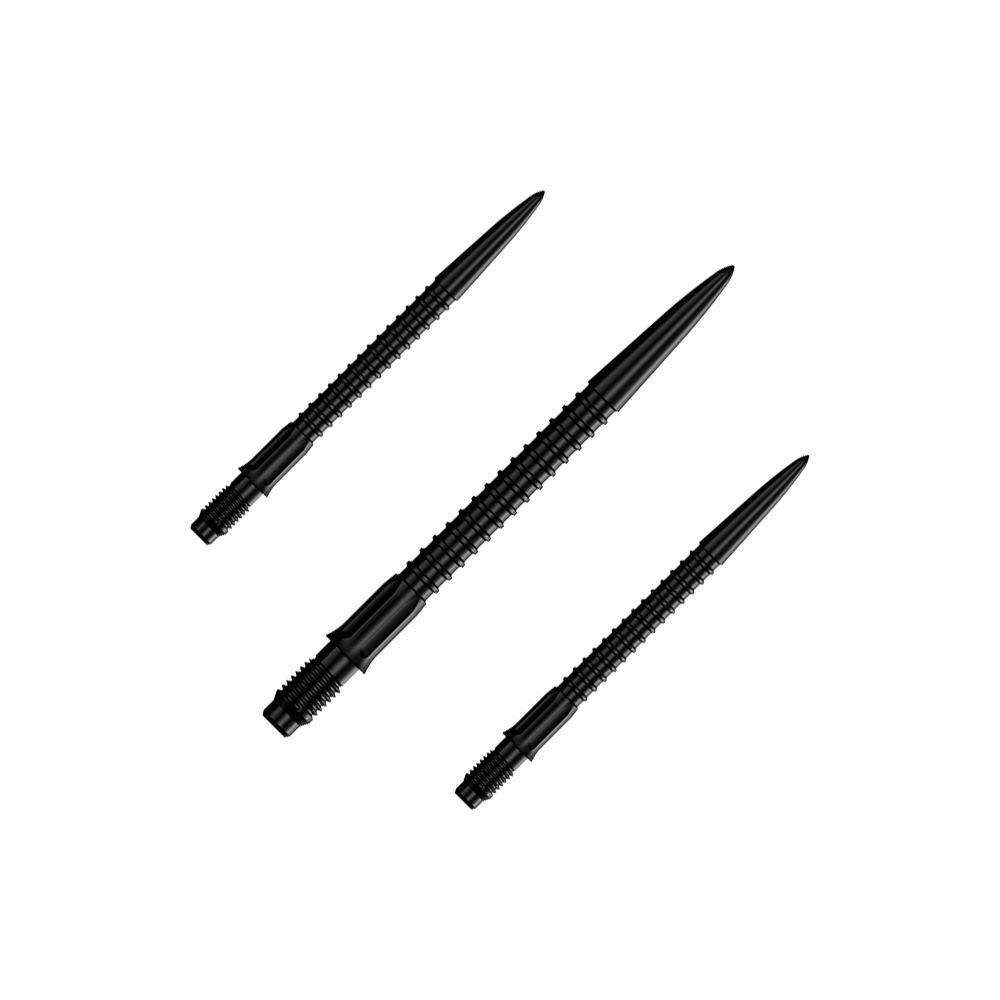 Mission R2.5 Rapid Point GV1 Dart Tips - Black Ein Set schwarzer Dartspitzen ist abgebildet. Die Spitzen sind für Darts und 30 mm lang.