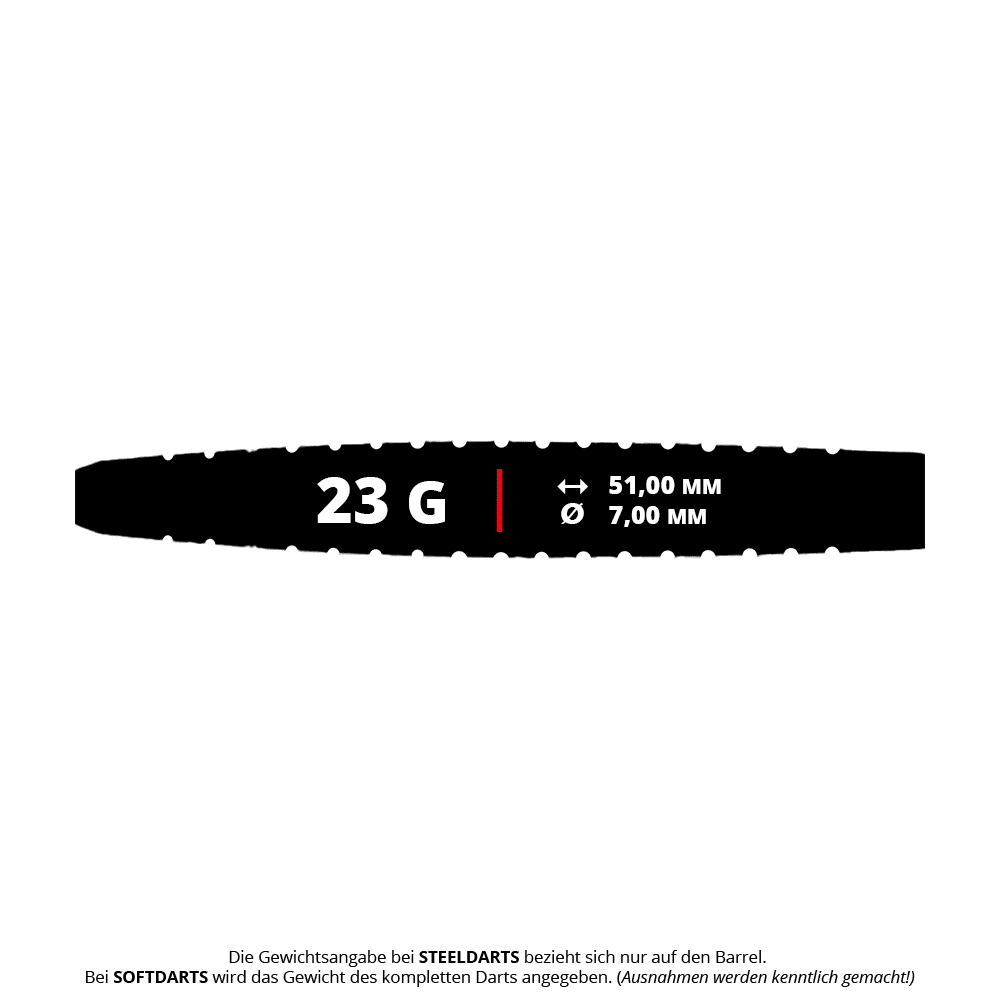 Dynasty Fallon Sherrock 4 AFlow BK Steel Darts - With Autograph - 23g Das Bild zeigt einen Dart-Barrel mit den Angaben 23 Gramm Gewicht, 51,00 mm Länge und 7,00 mm Durchmesser. Unten steht eine Information, dass sich das Gewicht bei Steeldarts nur auf den Barrel bezieht.