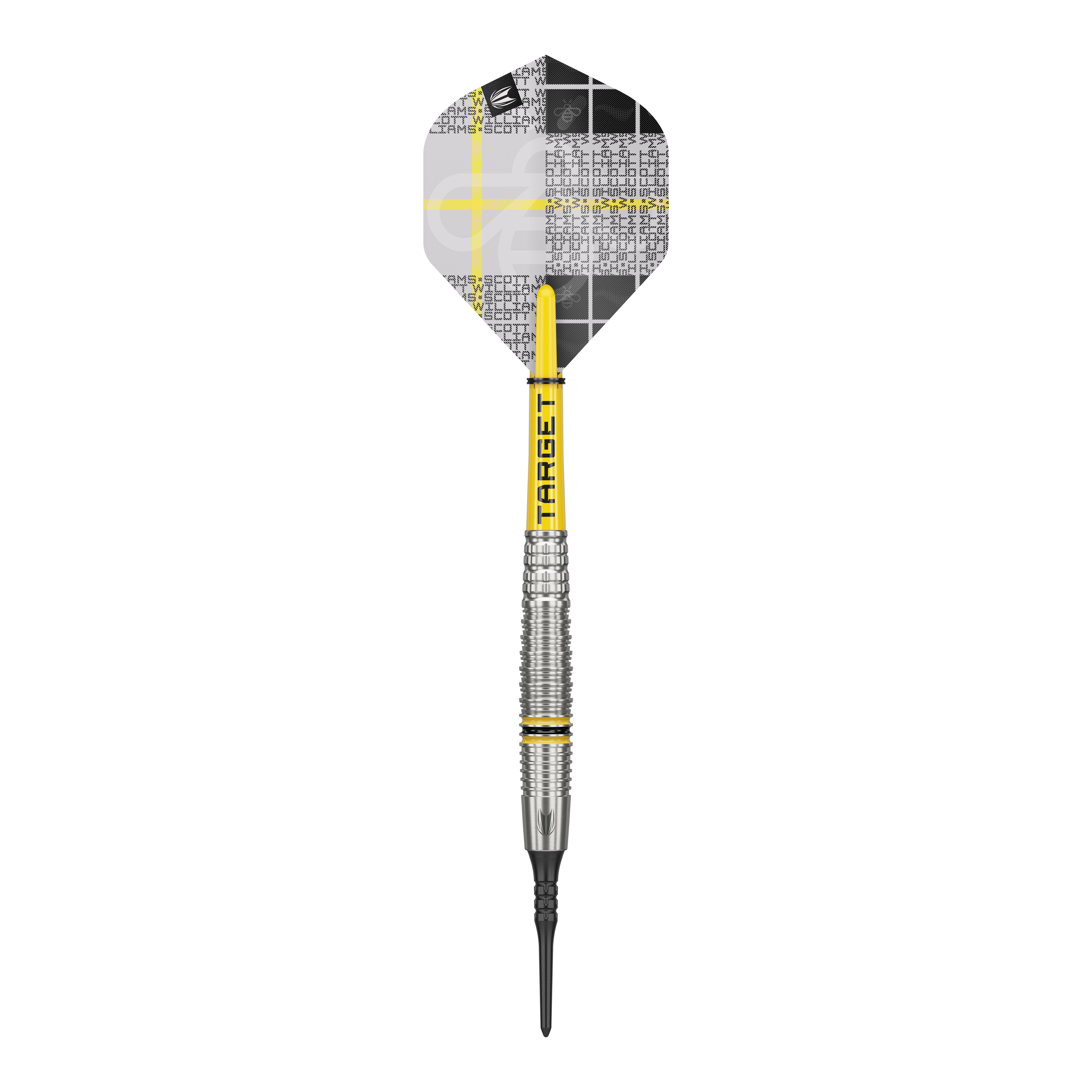 Target Scott Williams GEN2 soft darts - 18g Das Bild zeigt einen Target Scott Williams GEN2 Softdart mit einem Gewicht von 18g. Der Dart hat gelbe Akzente und ein modernes, silberfarbenes Barrel-Design.