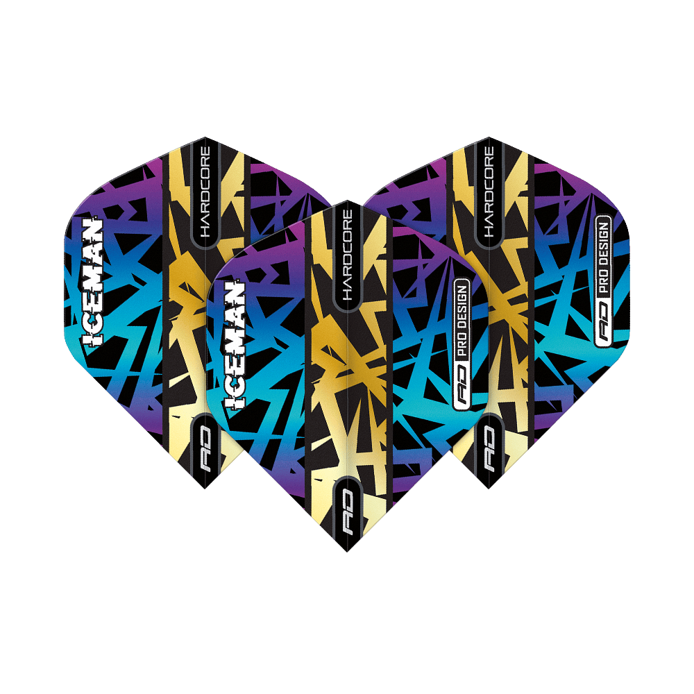 TF6826_Red_Dragon_Hardcore_Gerwyn_Price_Rainbow_Gold_Standard_Flights_1MLj8fvHCPMZGT Das Bild zeigt die Red Dragon Hardcore Gerwyn Price Rainbow Gold Standard Flights. Die Flights haben ein buntes, grafisches Design mit den Worten "ICEMAN" und "HARDCORE" darauf.