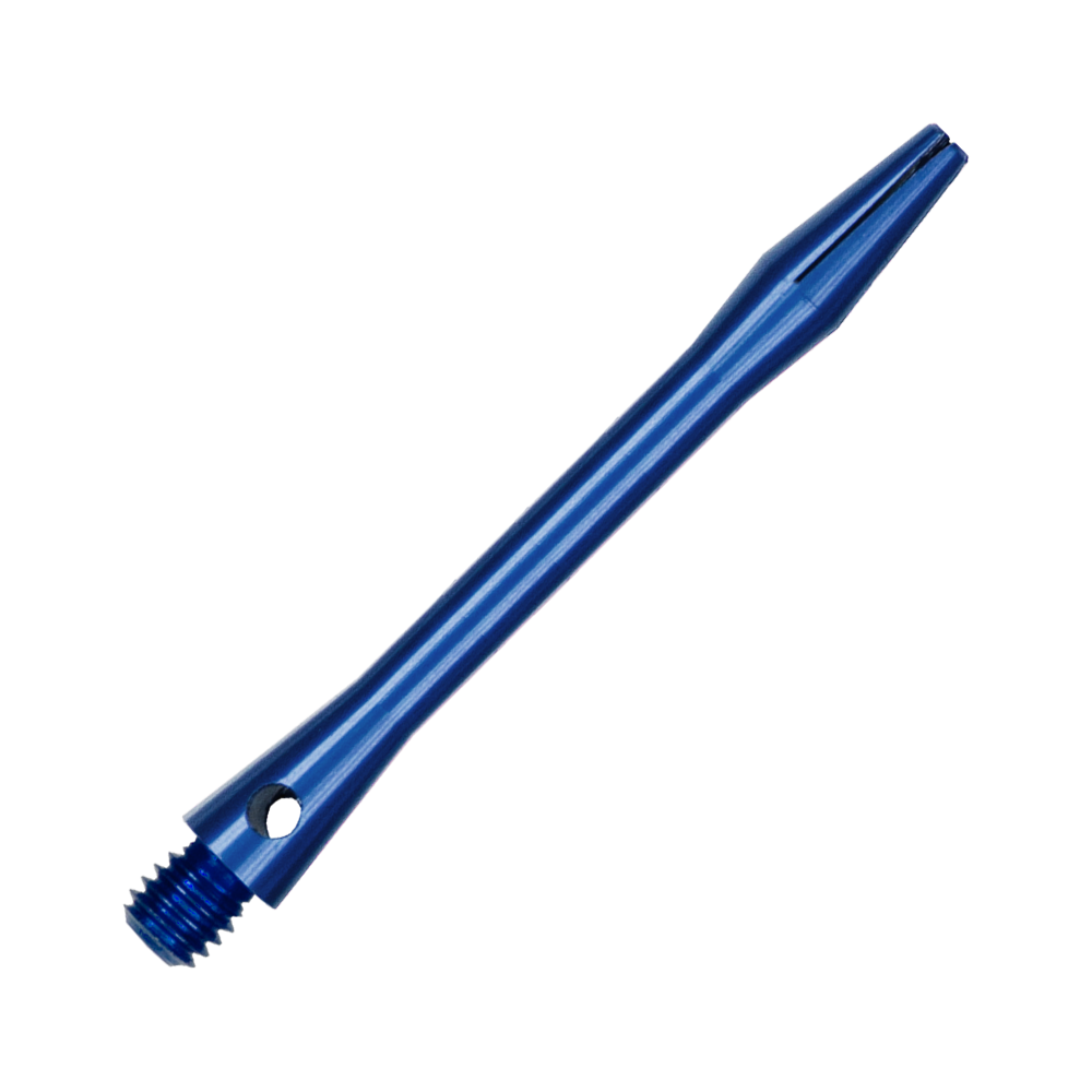 514_Aluminium_Shafts_Blau_46mm_2 Das Bild zeigt einen blauen Aluminiumschaft mit einem Gewinde an einem Ende. Der Schaft ist schmal und hat eine glänzende, metallische Oberfläche.