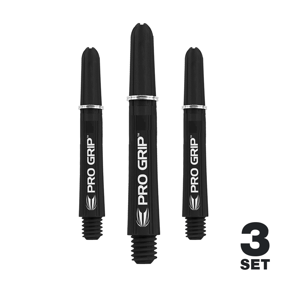 Target Pro Grip Shafts - 3 Sets - Black Das Bild zeigt drei schwarze Dart-Schäfte mit der Aufschrift "PRO GRIP". In der rechten unteren Ecke steht "3 SET".