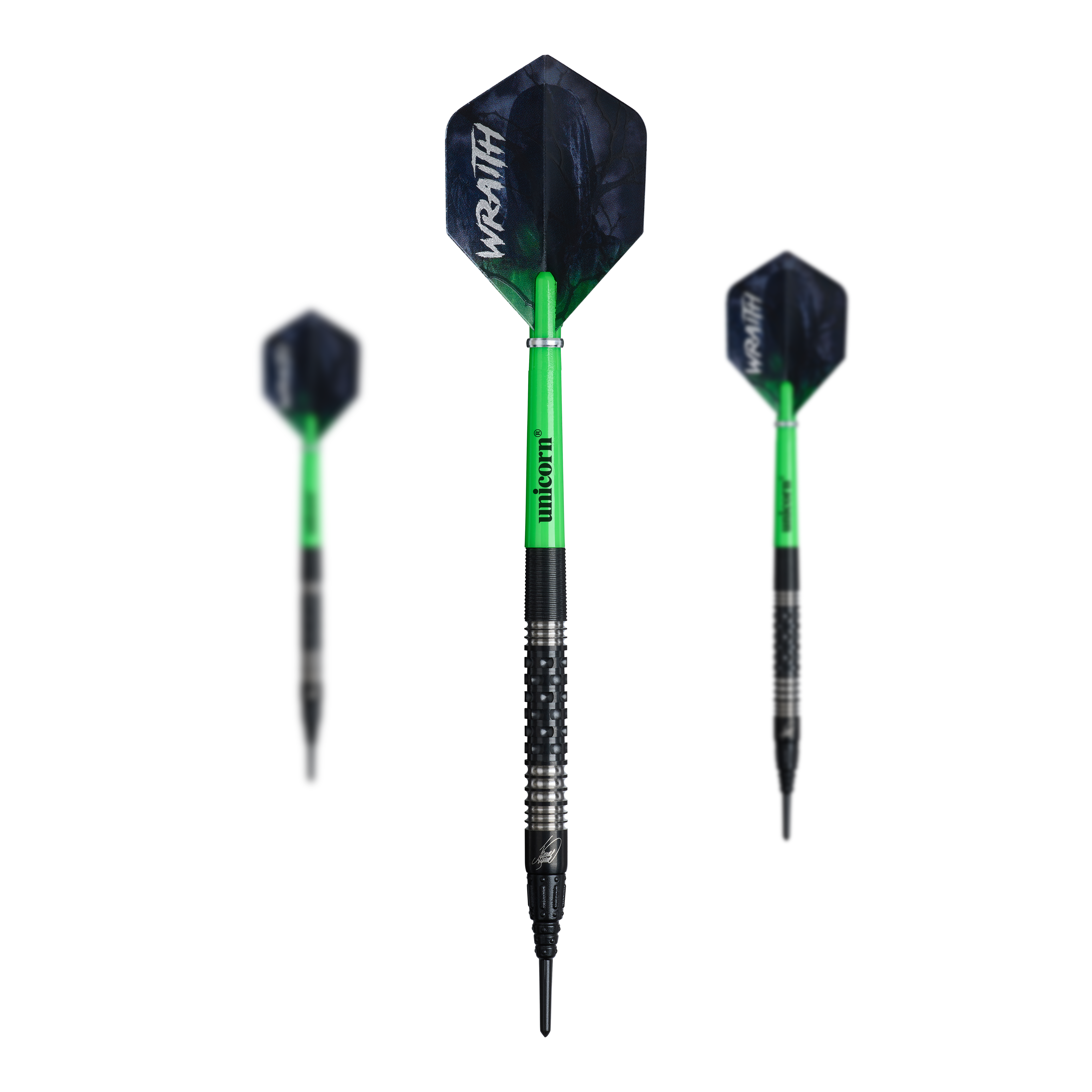 Unicorn Wraith James Wade Softdarts mit einem Gewicht von 19 Gramm sind auf dem Bild zu sehen. Die Darts sind speziell für Softdartspieler entwickelt.