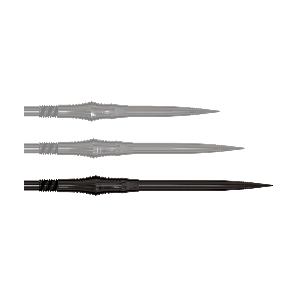 Dartspitzen der Spire Black Elite Serie in 40mm Länge werden gezeigt. Sie sind dunkel und lang.