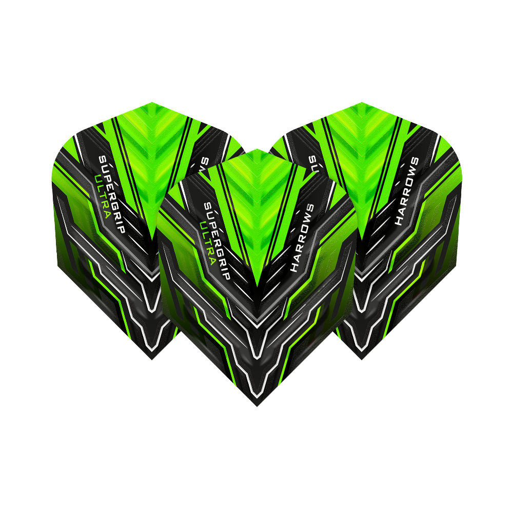 HR11_Harrows_Supergrip_Ultra_Green_Standard_Flights_1FVdoh6L0Plpu7 Harrows Supergrip Ultra Green Standard Flights in prominenter Anordnung. Die Details des Sets sind klar sichtbar.