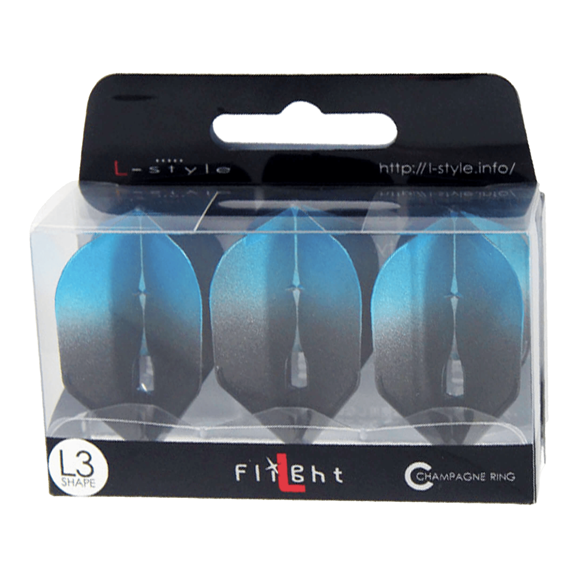 L-Style Two Tone L3PRO Flights Die Verpackung zeigt drei blaue Dartflights der Marke L-style. Auf der Schachtel steht "L3 Shape" und "Champagne Ring".