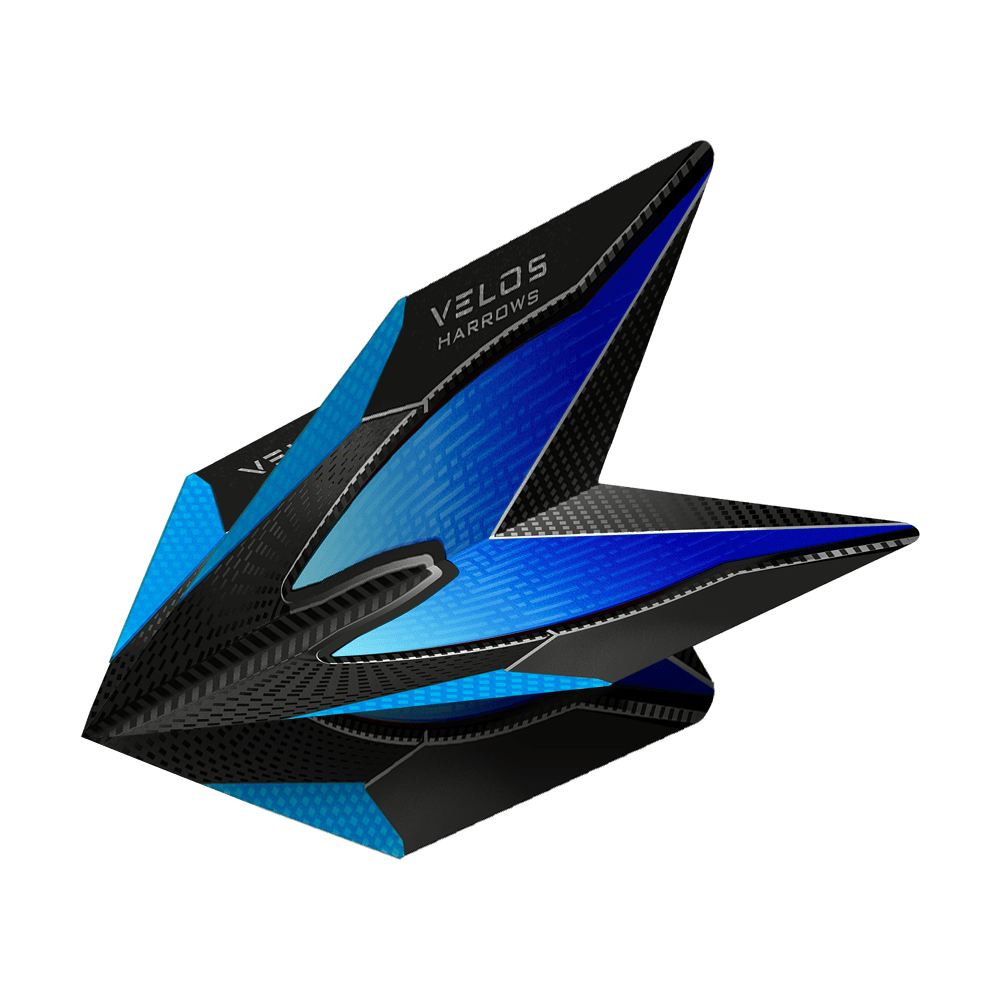 HR1012_Harrows_Blue_2020_Velos_Flights_2 Das Bild zeigt ein Harrows Velos Flight in Blau. Das Flight hat ein modernes Design mit blauen und schwarzen Akzenten.