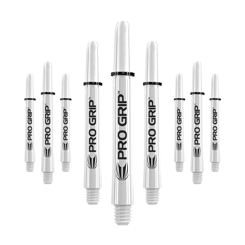 Target Pro Grip Shafts - 3 Sets - White Das Bild zeigt mehrere weiße Dartschäfte mit der Aufschrift "PRO GRIP". Sie sind in drei Reihen angeordnet und haben schwarze Ringe an der Oberseite.