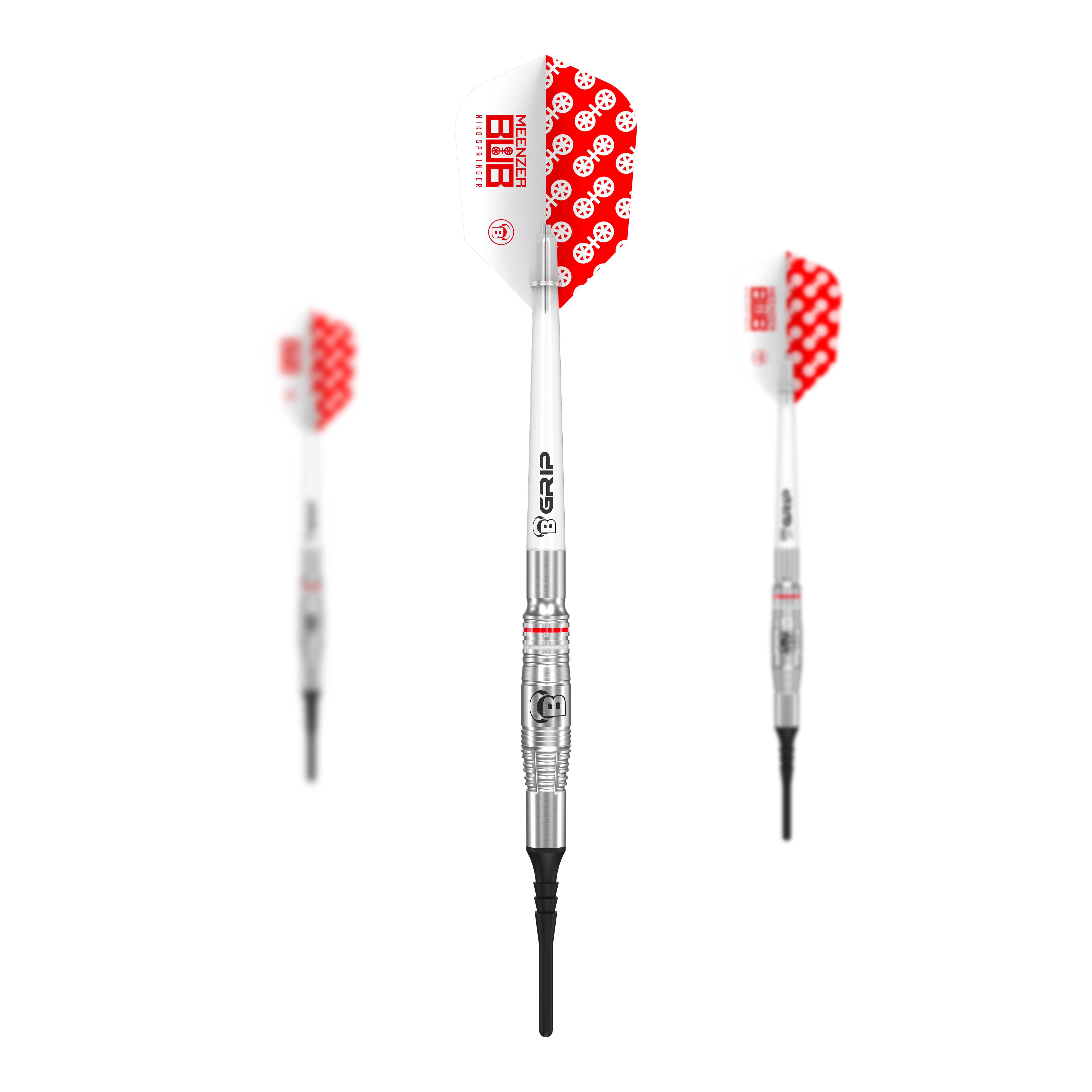 Das Bild zeigt drei Softdarts des Modells 'Bulls Niko Springer' mit einem Gewicht von 22g. Die Darts haben silberne Schäfte und weiße Flights mit einem roten Punktmuster.