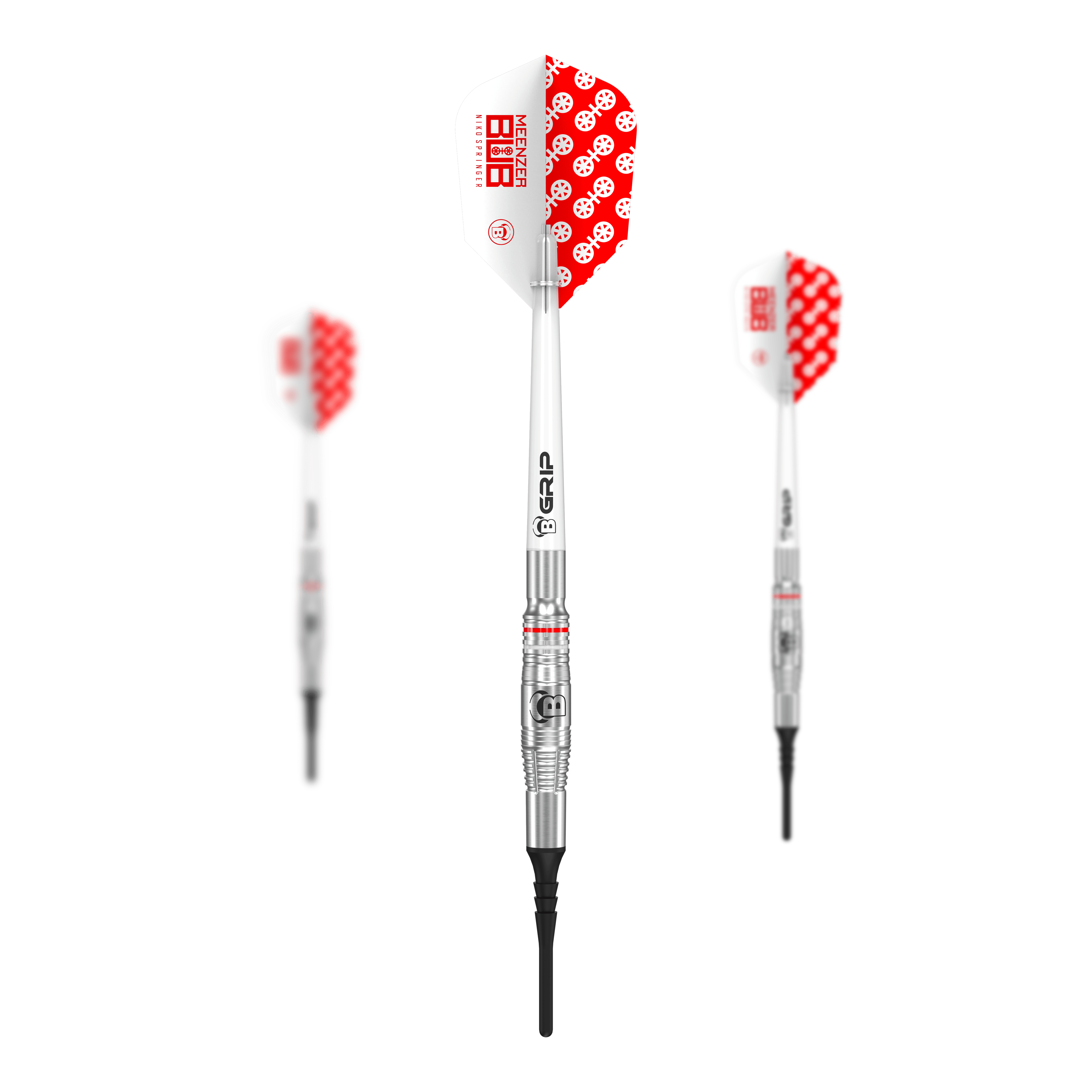 Bulls Niko Springer soft darts - 22g Das Bild zeigt drei Softdarts des Modells 'Bulls Niko Springer' mit einem Gewicht von 22g. Die Darts haben silberne Schäfte und weiße Flights mit einem roten Punktmuster.