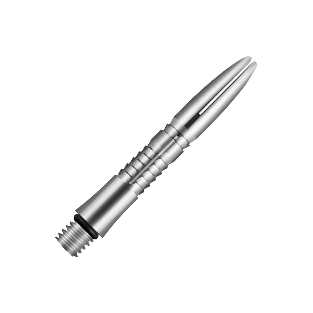 Shot Mako Titanium Shafts Das Bild zeigt eine silberne, metallische Dartspitze mit feinen Rillen und glatter Oberfläche. Sie besteht aus Titan und hat ein modernes, schlankes Design.