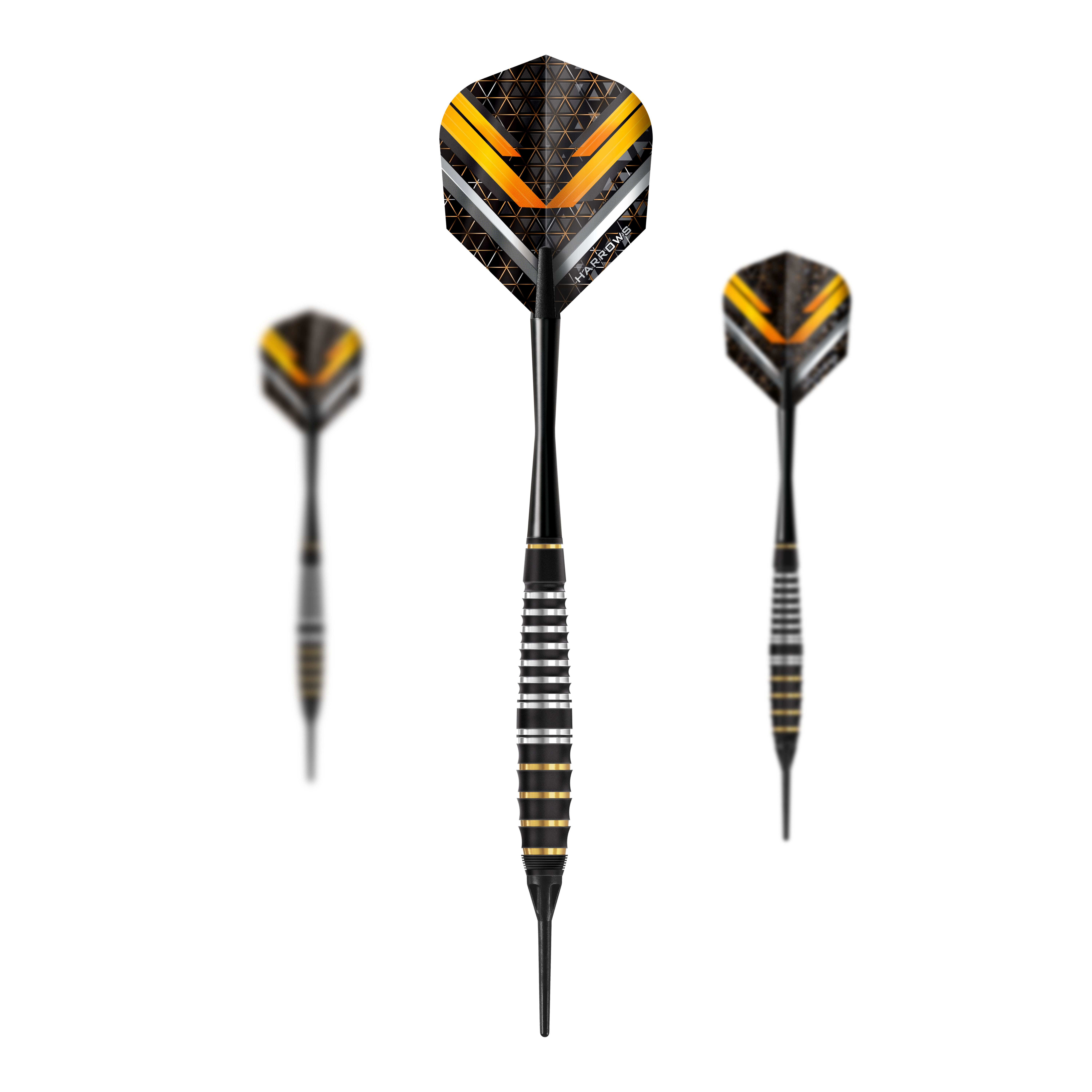 Das Bild zeigt ein Set Harrows Vulcan Softdarts. Die Darts sind speziell für Softdart-Spiele entwickelt.